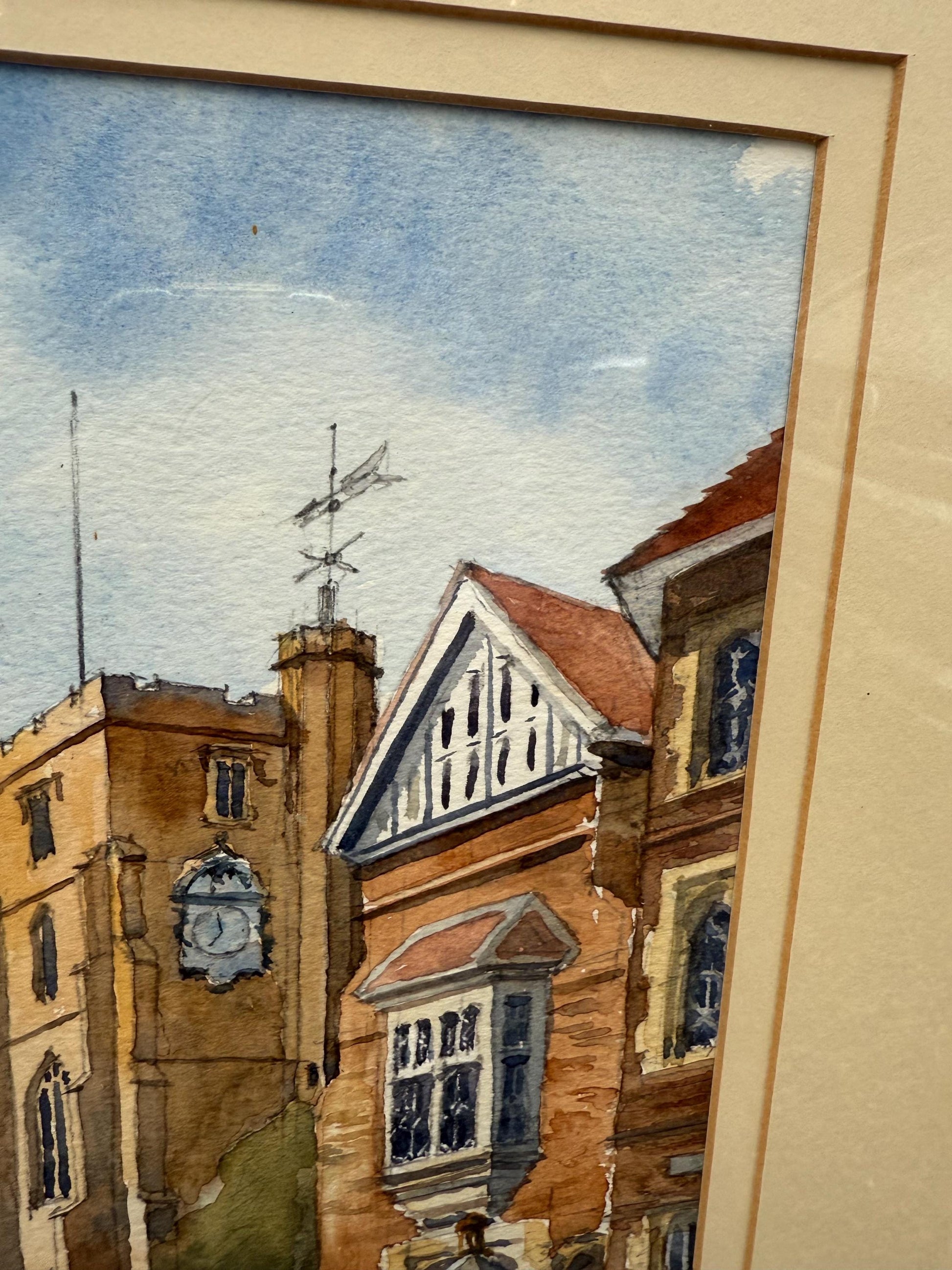 Framed Vintage Watercolour of St. Dunstan’s Church Cranbrook by John Hanson – Original Kent Street Scene, Signed, Charming Detail