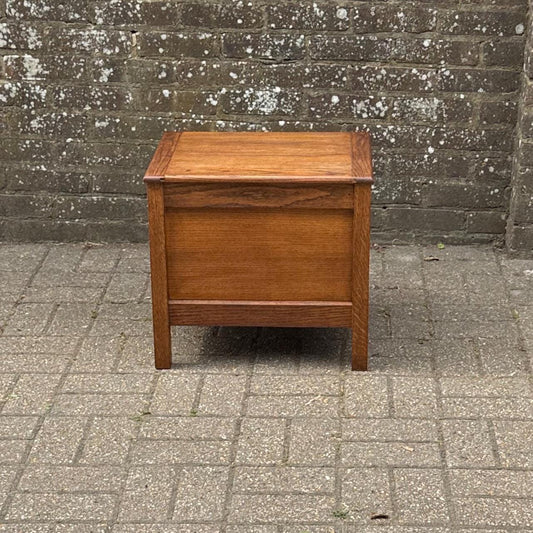 golden oak box for storing all sorts of items. mid century simple design.  from 1940s.  lovely solid frame with ply oak.
