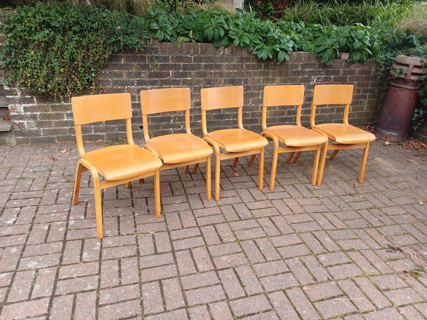 Vintage 1980s Bentwood Plywood Stacking Chairs – Set of 5 Blonde Beech Kitchen or Café Chairs, Retro Modernist Design FREE HAND Delivery