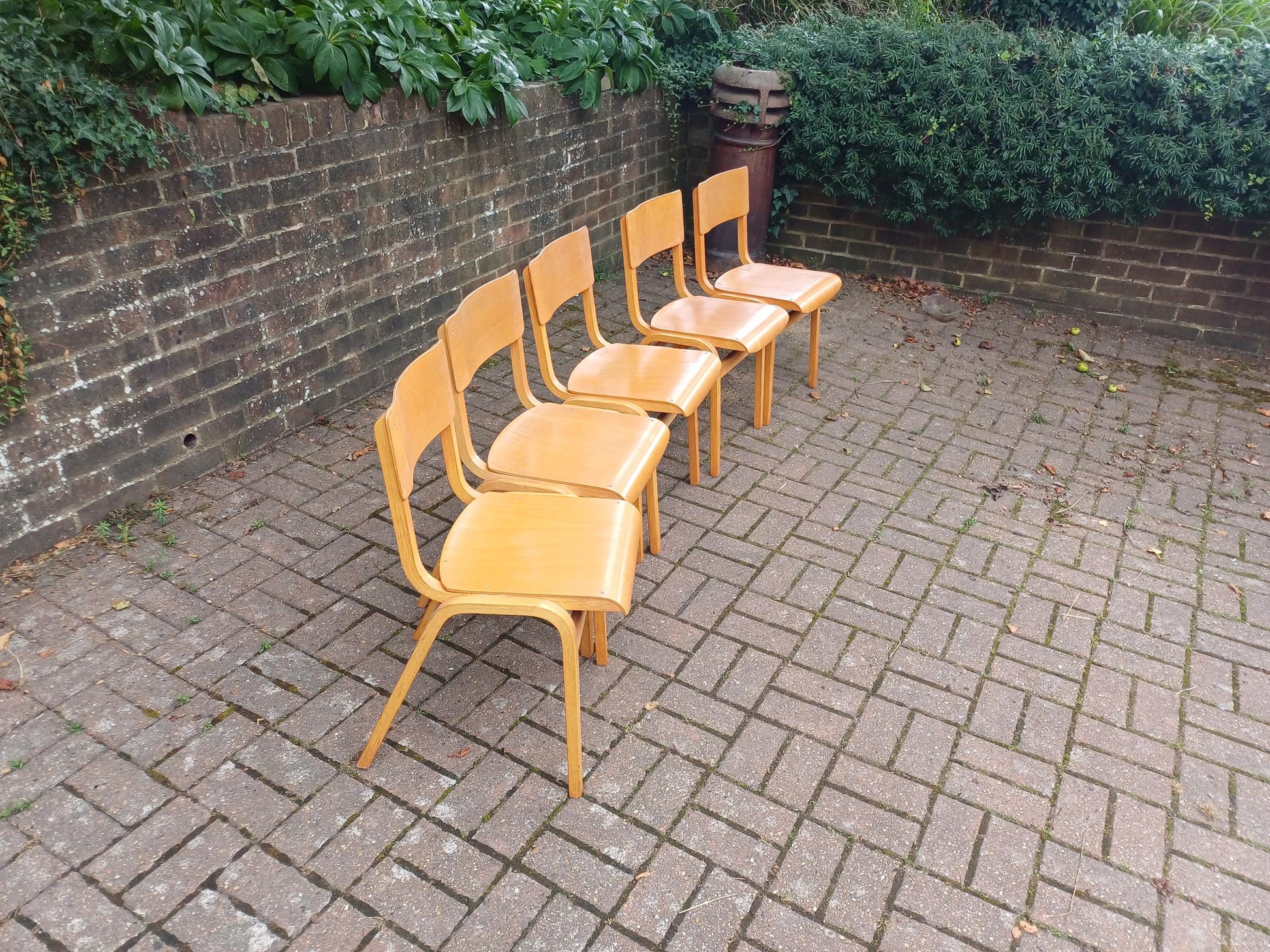 Vintage 1980s Bentwood Plywood Stacking Chairs – Set of 5 Blonde Beech Kitchen or Café Chairs, Retro Modernist Design FREE HAND Delivery