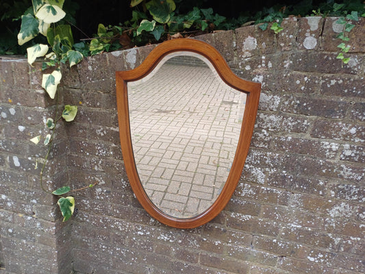 Vintage 1920s Shield Shaped Wall Mirror – Elegant Bevelled Glass & Inlaid Wood Frame – Former Early 20th Century Dressing Table Mirror