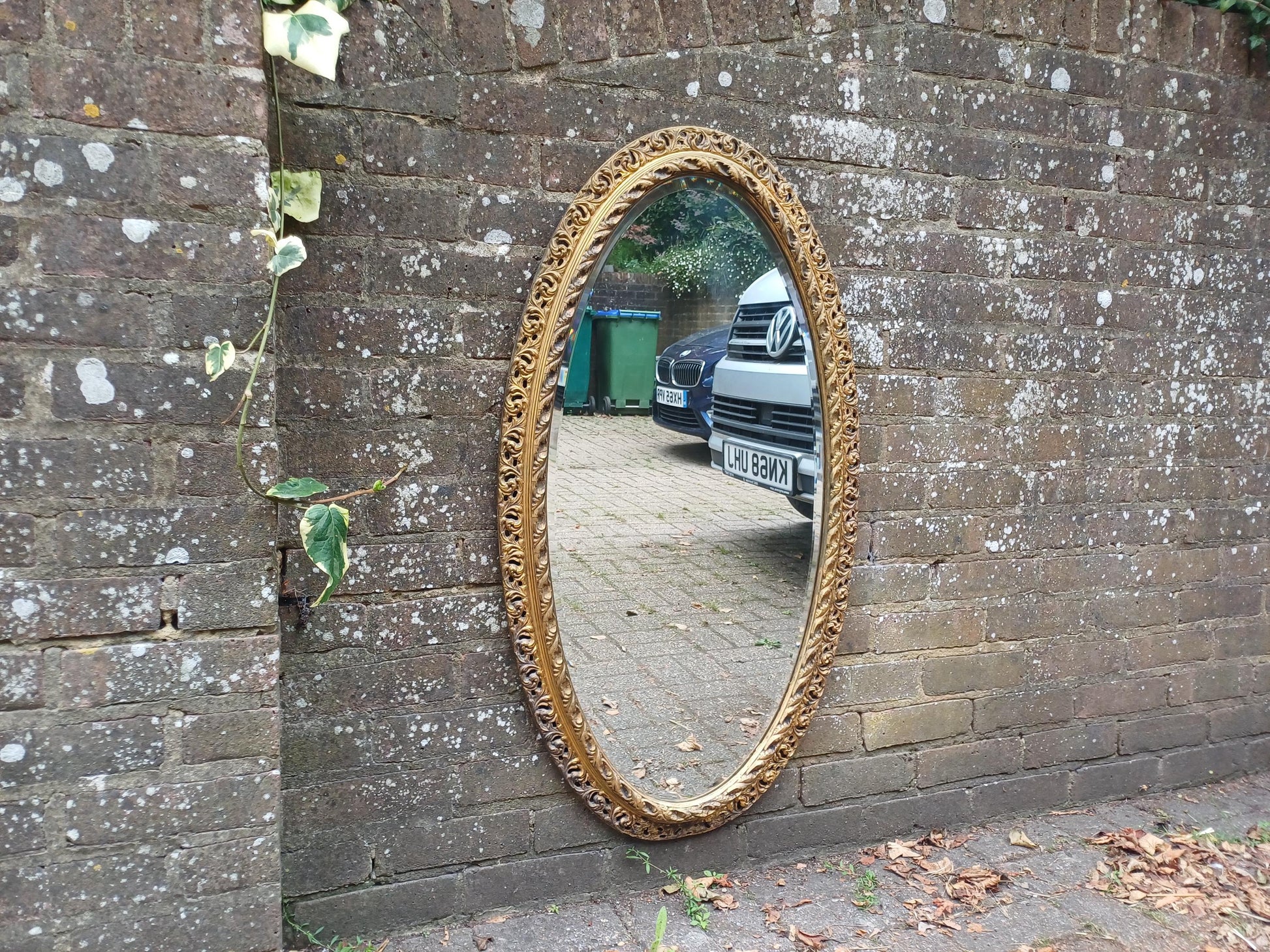 Massive Antique Oval Gilt Mirror Ornate Rococo Revival Wall Mirror Acanthus Leaf Frame Vintage French Style 103 x 57 cm FREE HAND Delivery
