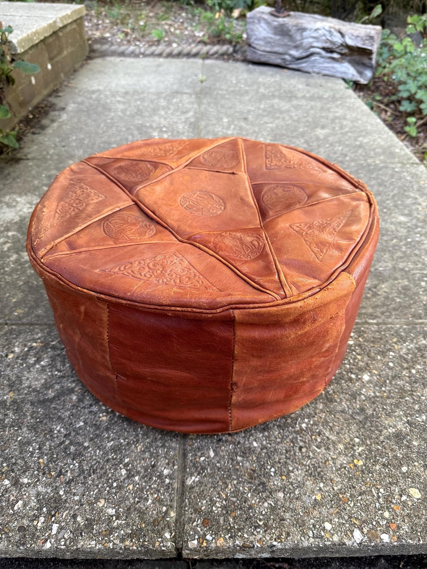Vintage Leatherette Moroccan-Style Pouf – Embossed Tan Footstool with threaded Base, rustic and comfy