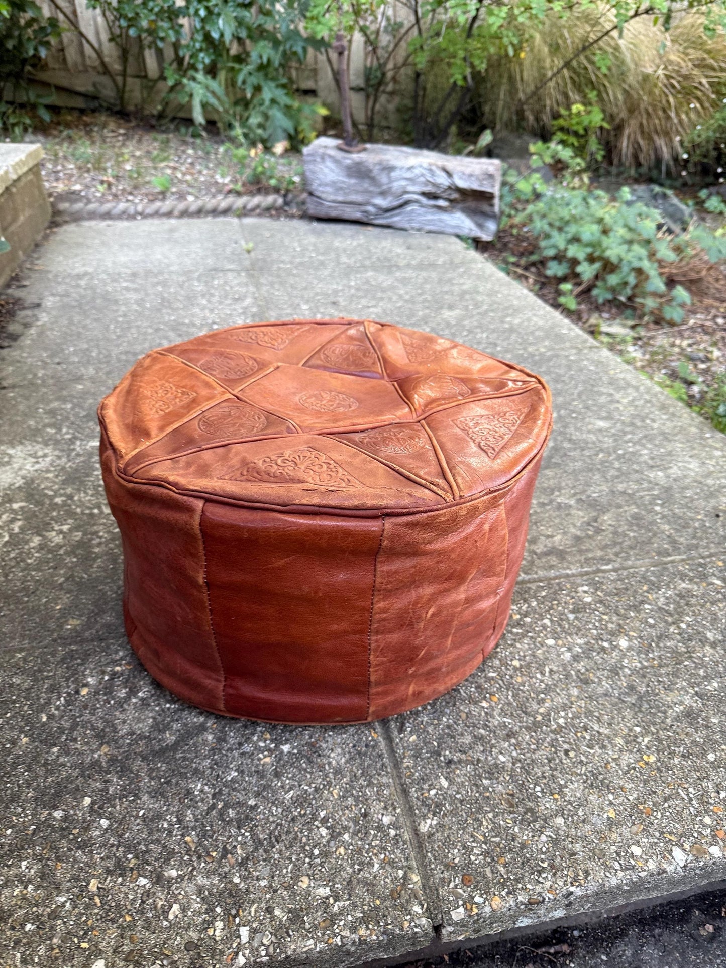 Vintage Leatherette Moroccan-Style Pouf – Embossed Tan Footstool with threaded Base, rustic and comfy