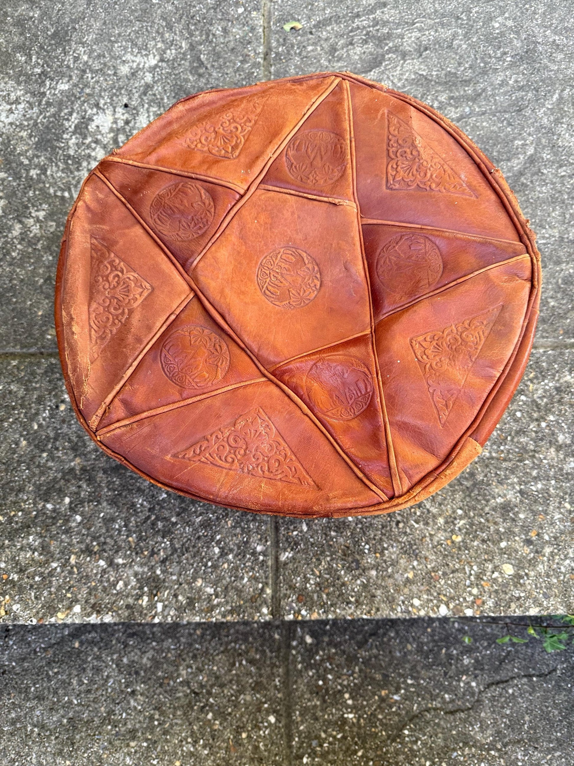 Vintage Leatherette Moroccan-Style Pouf – Embossed Tan Footstool with threaded Base, rustic and comfy