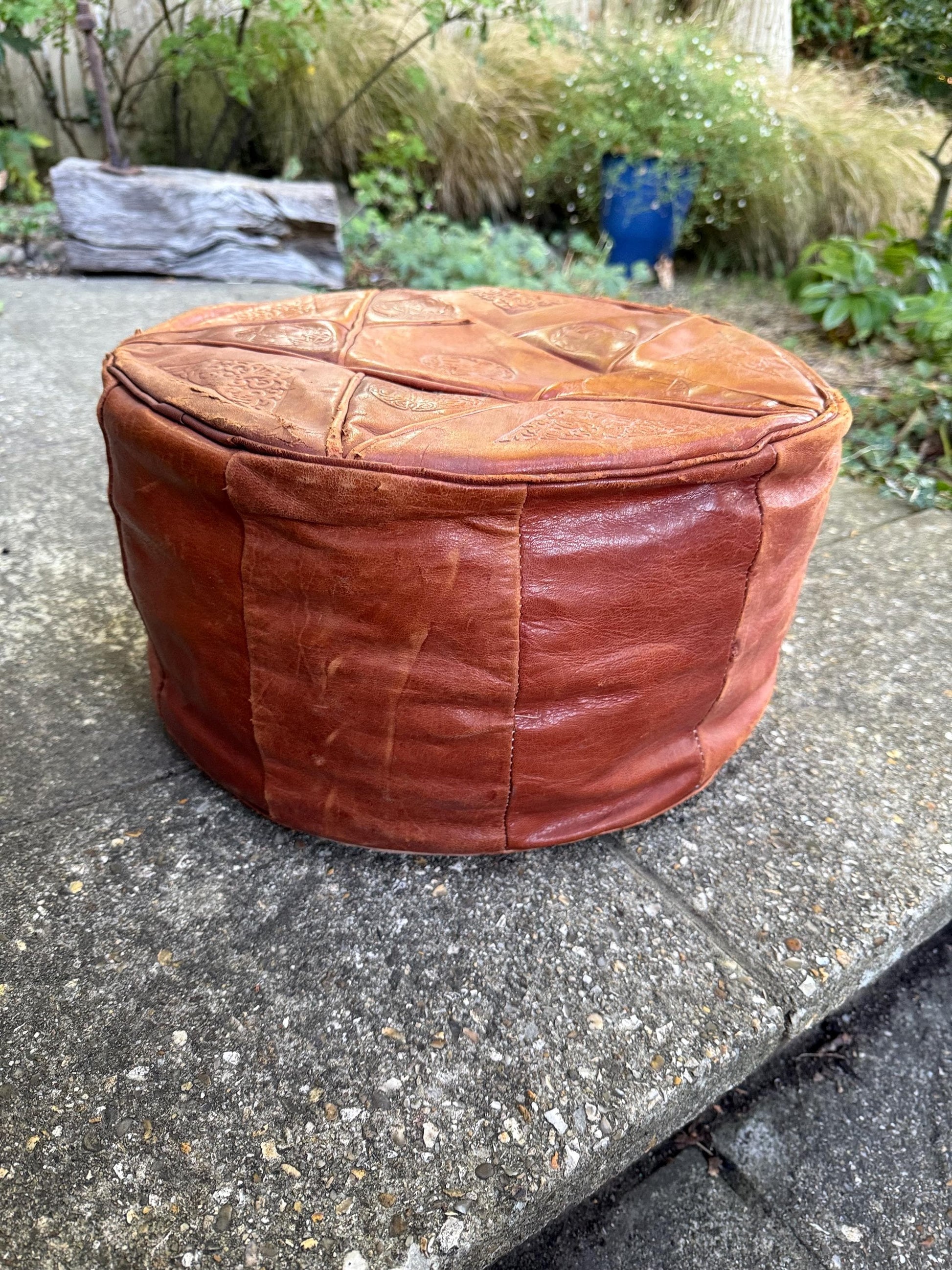 Vintage Leatherette Moroccan-Style Pouf – Embossed Tan Footstool with threaded Base, rustic and comfy