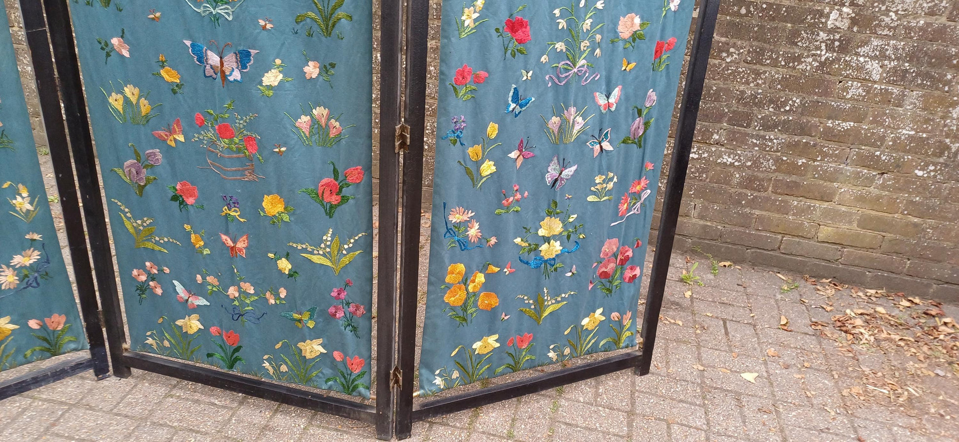 Massive Vintage Embroidered Folding Room Divider | Embroidered Screen with Floral and Butterfly Motifs Privacy Panel FREE HAND Delivery