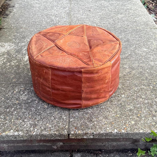 moroccan north african style retro pouf, leatherette pouf, ottoman in lovely golden brown