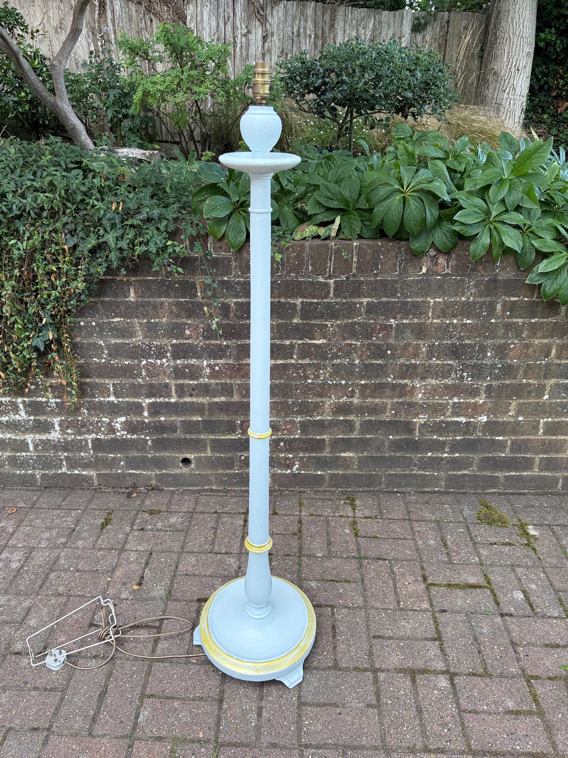 Upcycled Early 20th Century Vintage Standard Lamp, Duck Egg Blue and Gold, Hand Painted in Farrow & Ball ‘Borrowed Light’ PAT tested working