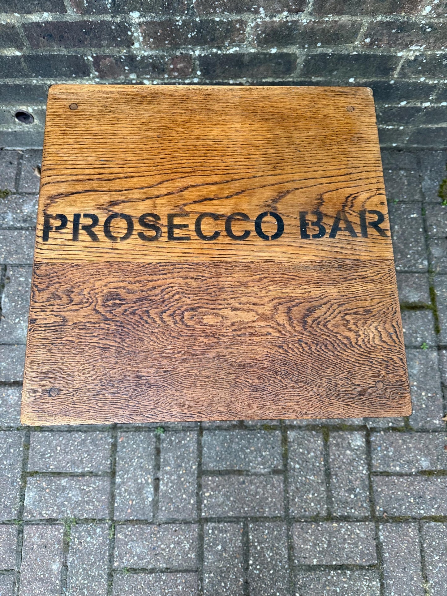 Vintage upcycled solid oak trolley / side table. Sanded and oiled top and shelf. Wheels. Prosecco Bar label. Cocktail table, Bar furniture