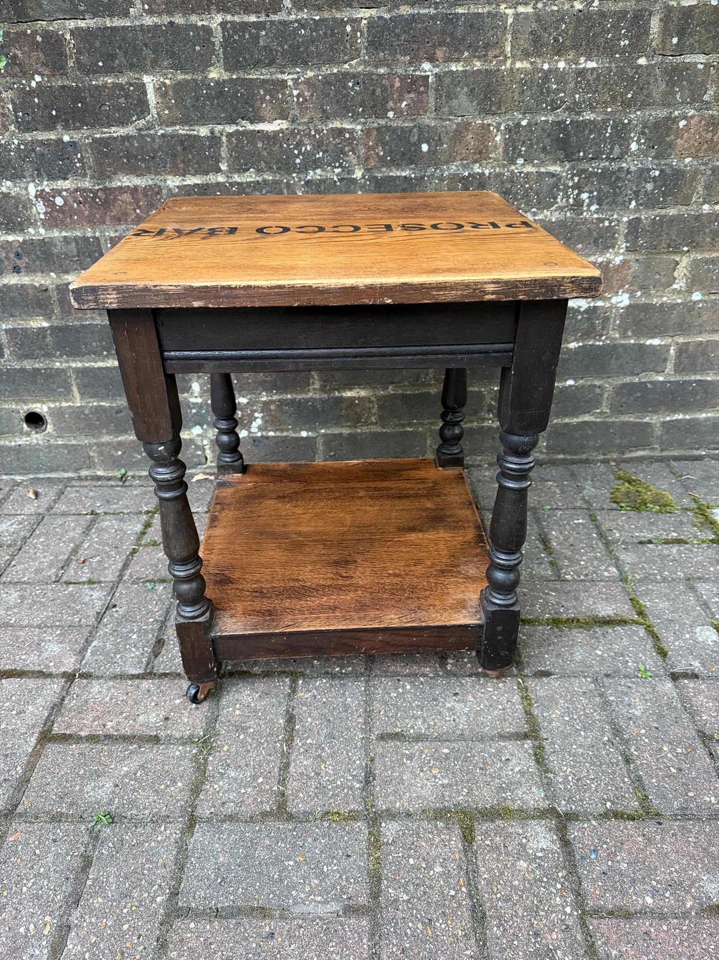 Vintage upcycled solid oak trolley / side table. Sanded and oiled top and shelf. Wheels. Prosecco Bar label. Cocktail table, Bar furniture