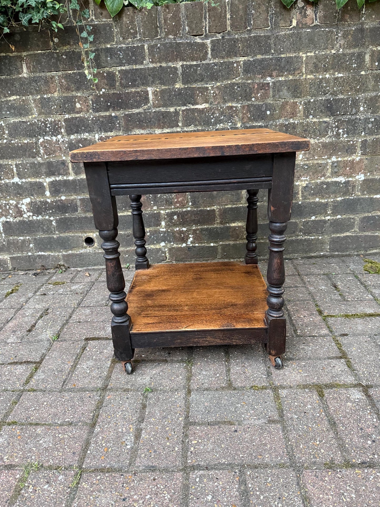Vintage upcycled solid oak trolley / side table. Sanded and oiled top and shelf. Wheels. Prosecco Bar label. Cocktail table, Bar furniture