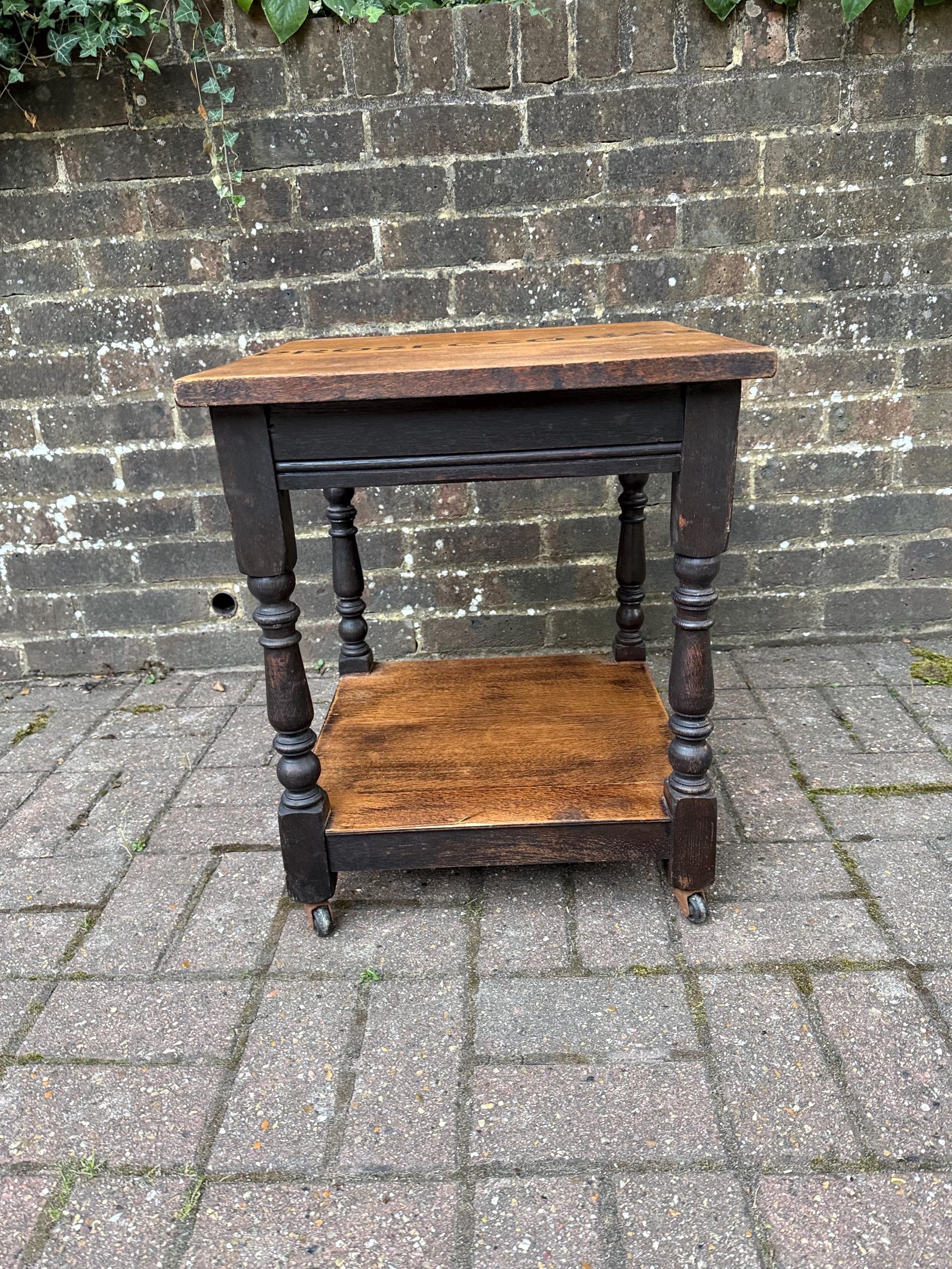 Vintage upcycled solid oak trolley / side table. Sanded and oiled top and shelf. Wheels. Prosecco Bar label. Cocktail table, Bar furniture