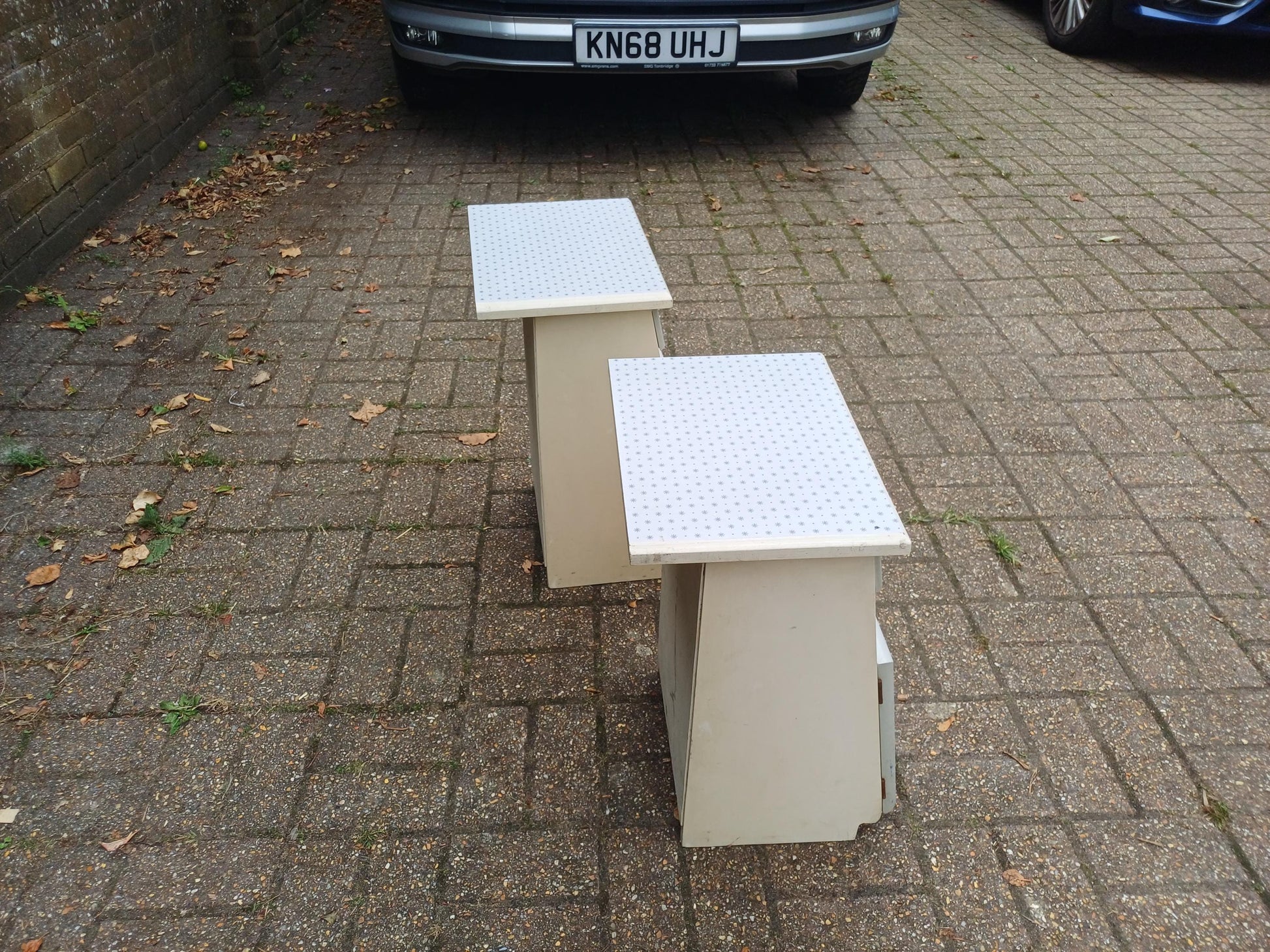 Dalek Lookalike! Cute Pair of 1950s Retro Bedside Cupboards Star Pattern Tops Slanted Front Storage Vintage Cabinets Upcycled Nightstands
