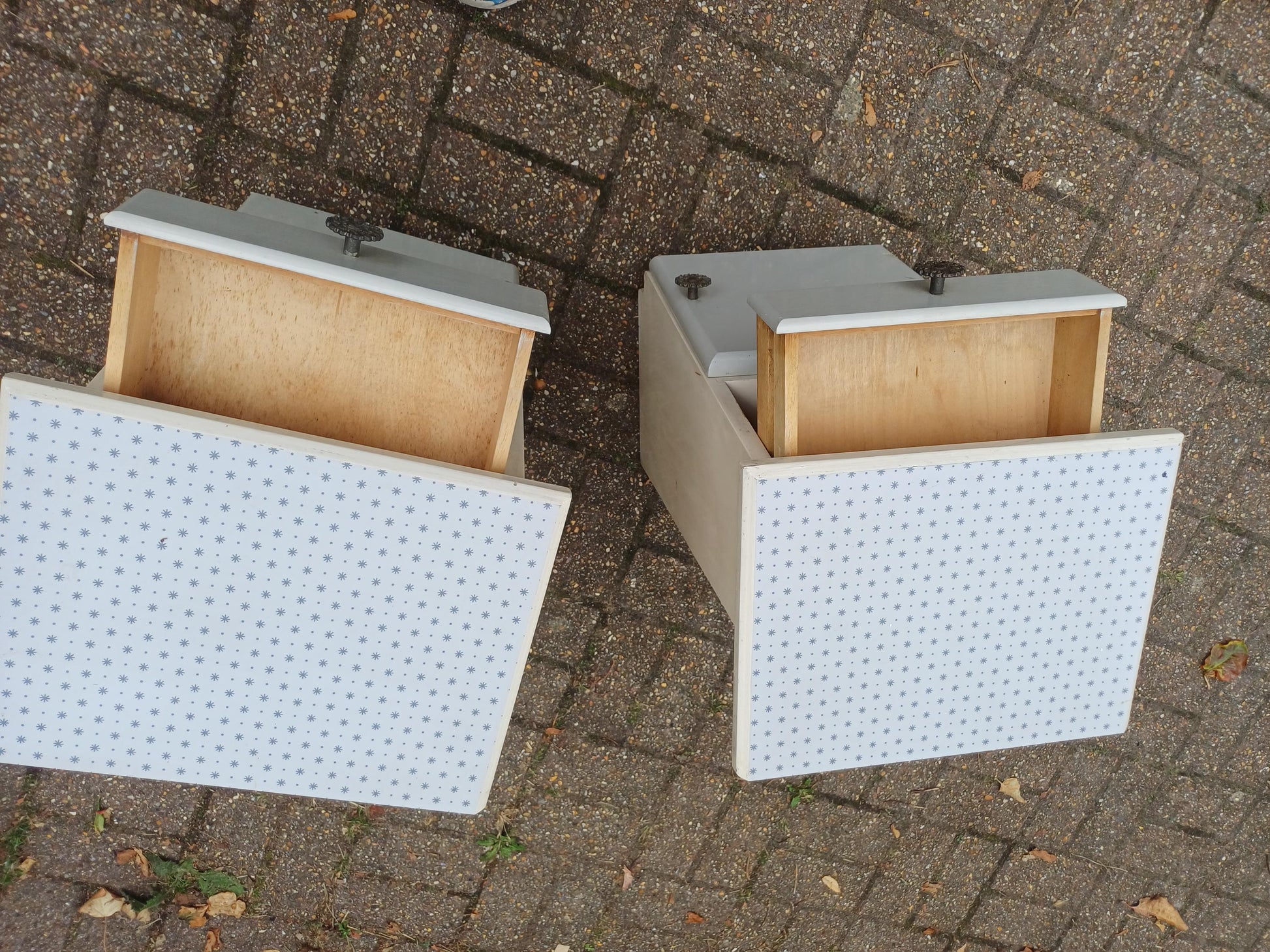 Dalek Lookalike! Cute Pair of 1950s Retro Bedside Cupboards Star Pattern Tops Slanted Front Storage Vintage Cabinets Upcycled Nightstands