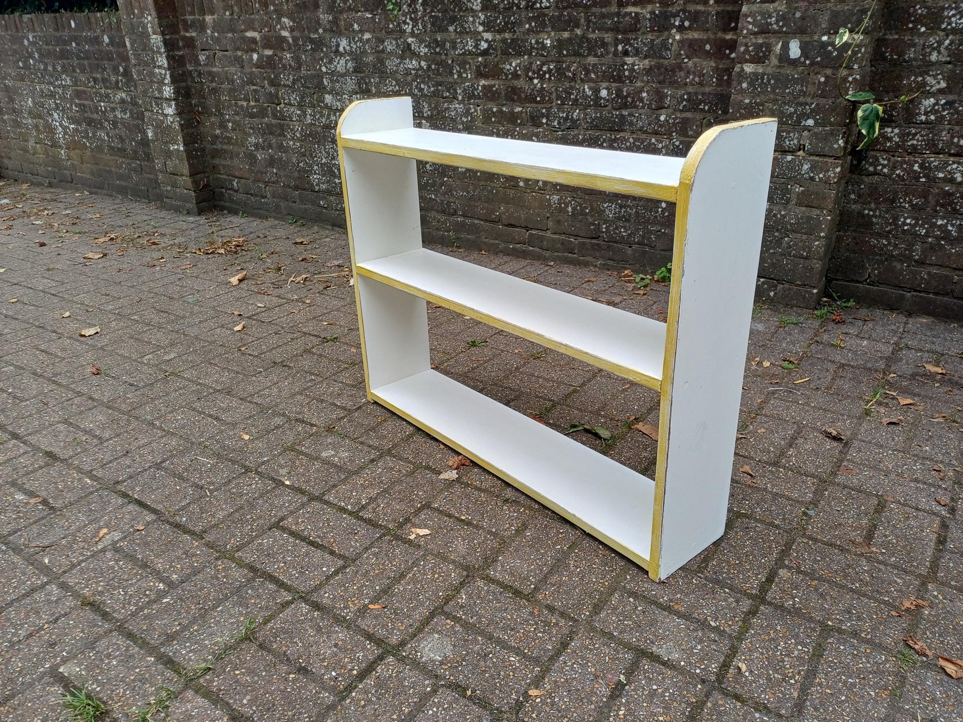 Hand Painted Vintage Wall or Freestanding Shelf Farrow & Ball Wimborne White Gold Trim Shabby Chic Bookshelf Open Storage Display