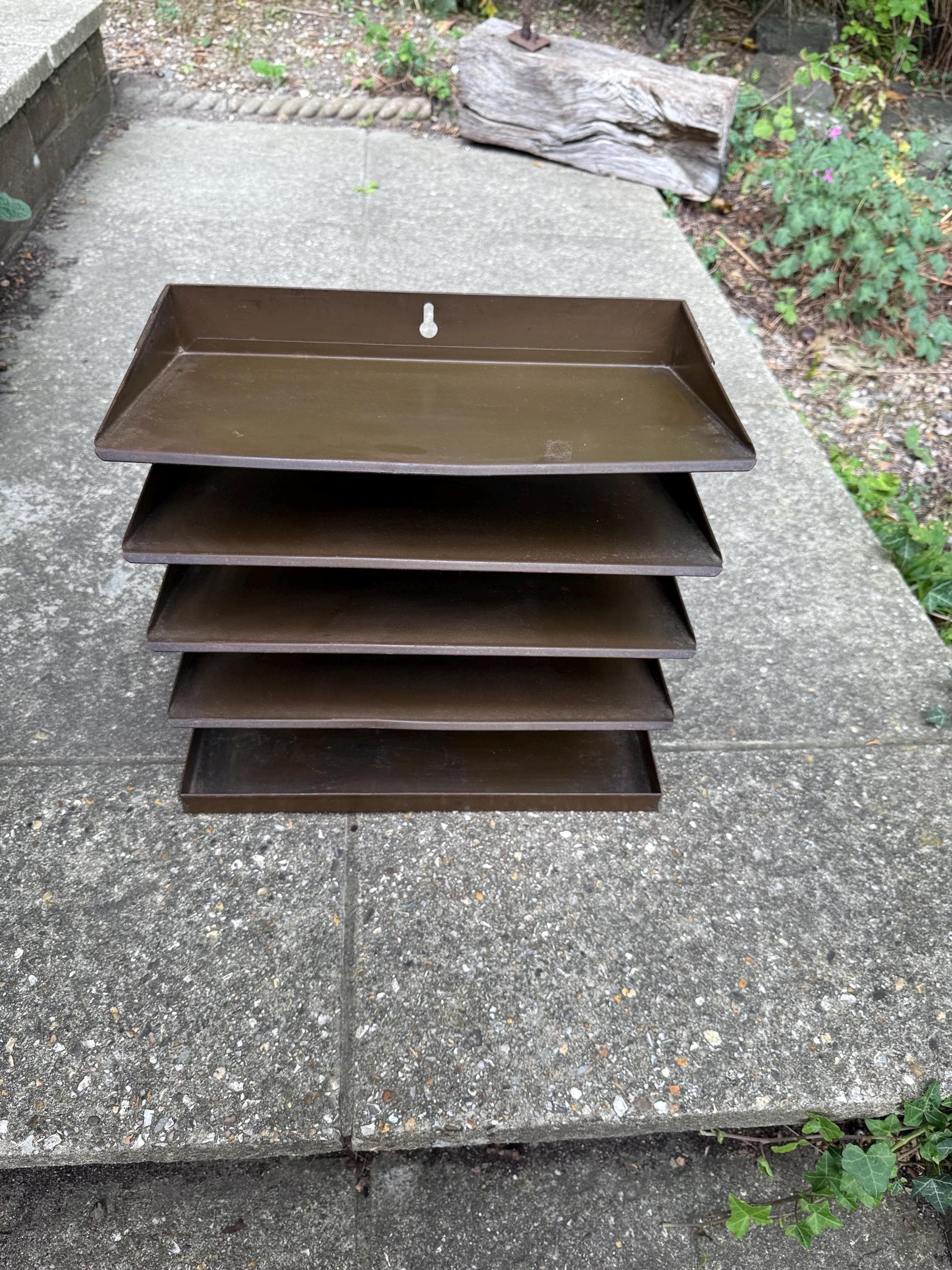 Vintage 1950s Industrial Metal Filing Tray, 4 Tier Desk Organiser, Retro Office Storage, Brown Steel Letter Sorter, Mid Century Decor