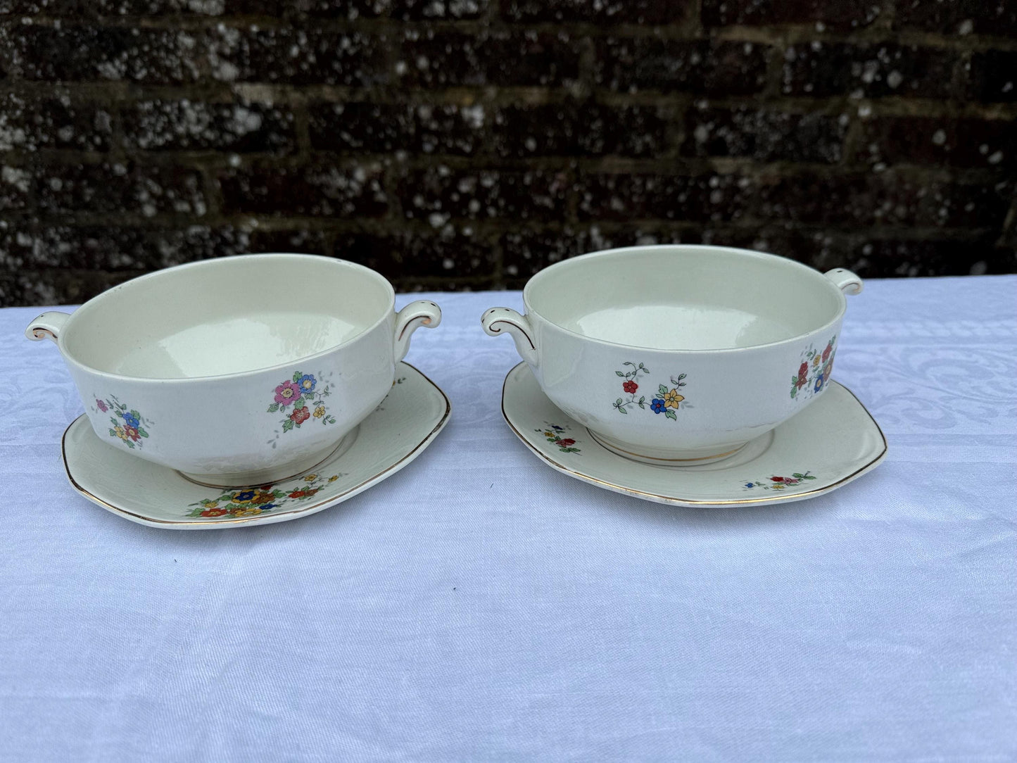 Antique Empire Works England Tureen Set x 4, 1920s Hand Painted Floral Ironstone, Lidded Serving Dishes & Ladles, Vintage Tableware