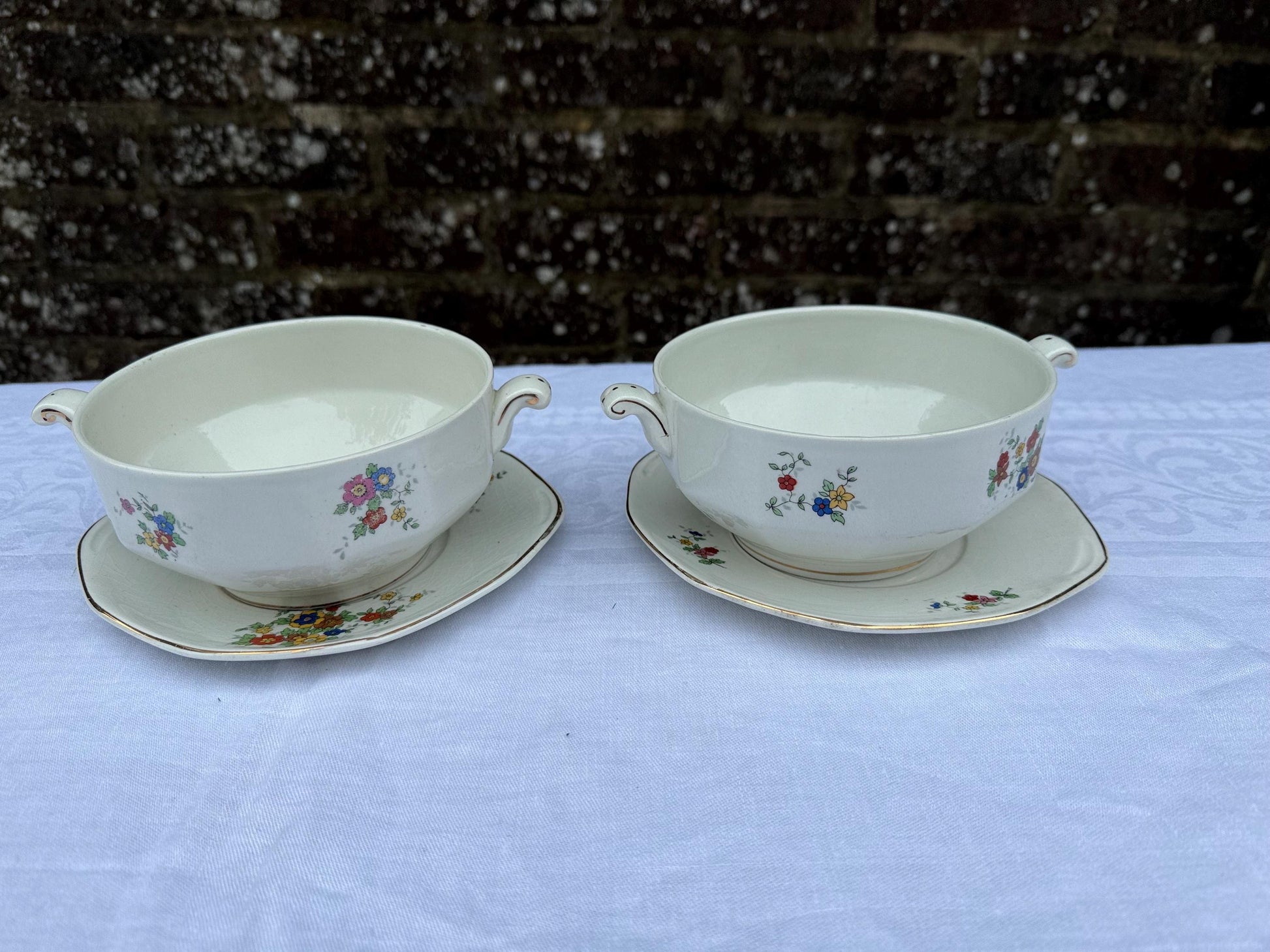 Antique Empire Works England Tureen Set x 4, 1920s Hand Painted Floral Ironstone, Lidded Serving Dishes & Ladles, Vintage Tableware