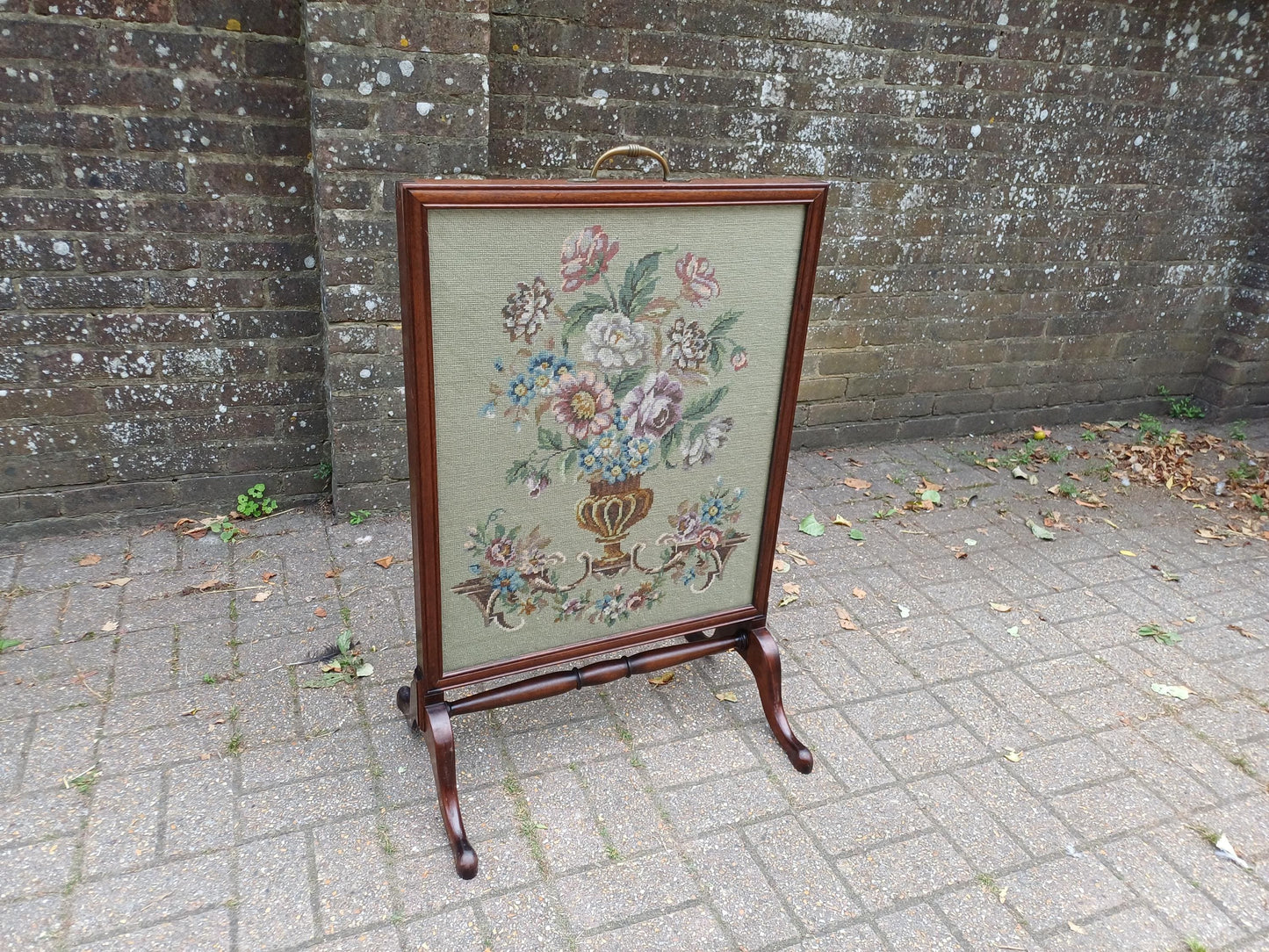 Massive Antique Victorian Mahogany Pole Fire Screen with Floral Needlepoint Panel – Still Life Embroidery Sturdy vgc FREE HAND Delivery