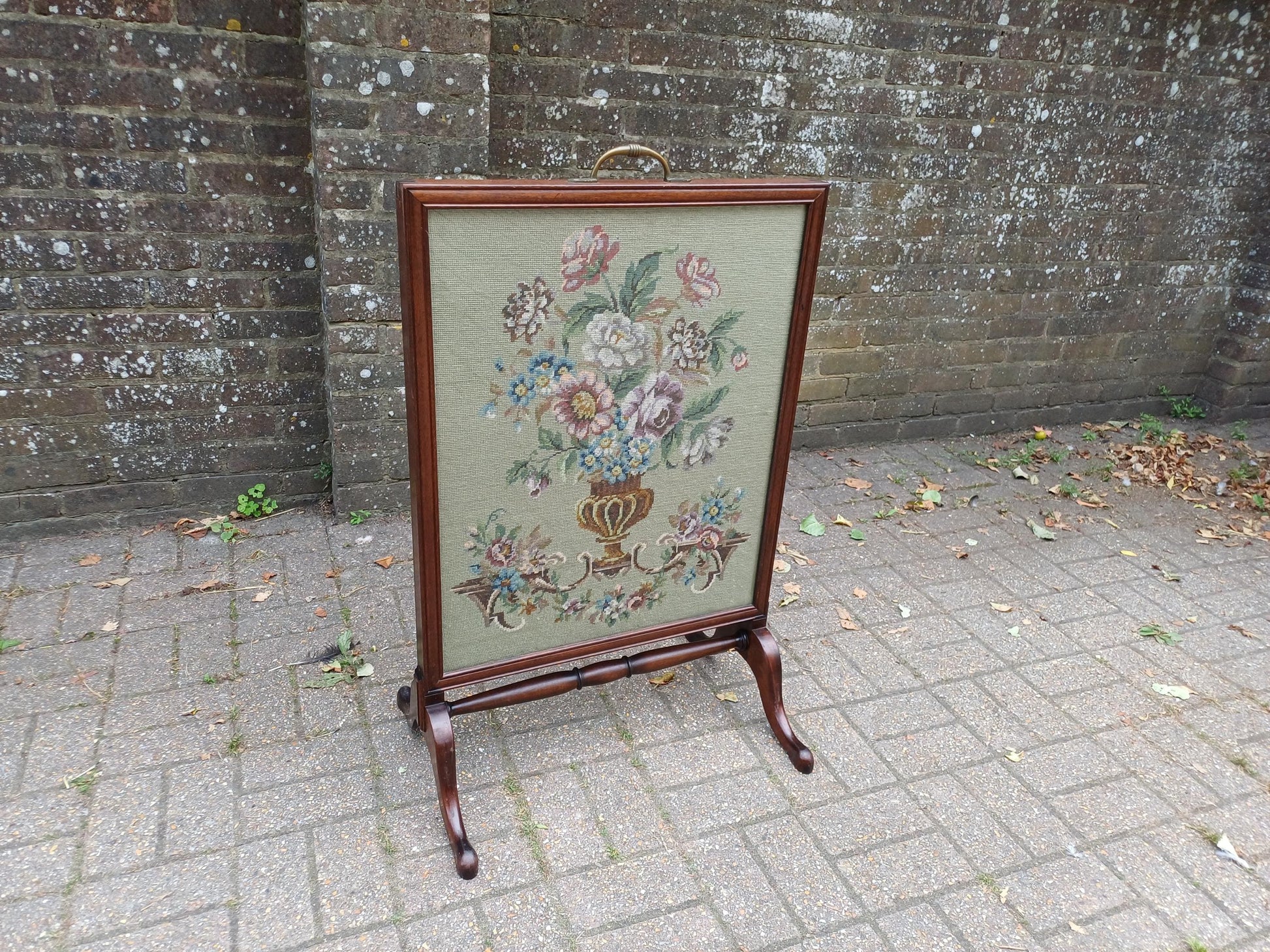 Massive Antique Victorian Mahogany Pole Fire Screen with Floral Needlepoint Panel – Still Life Embroidery Sturdy vgc FREE HAND Delivery