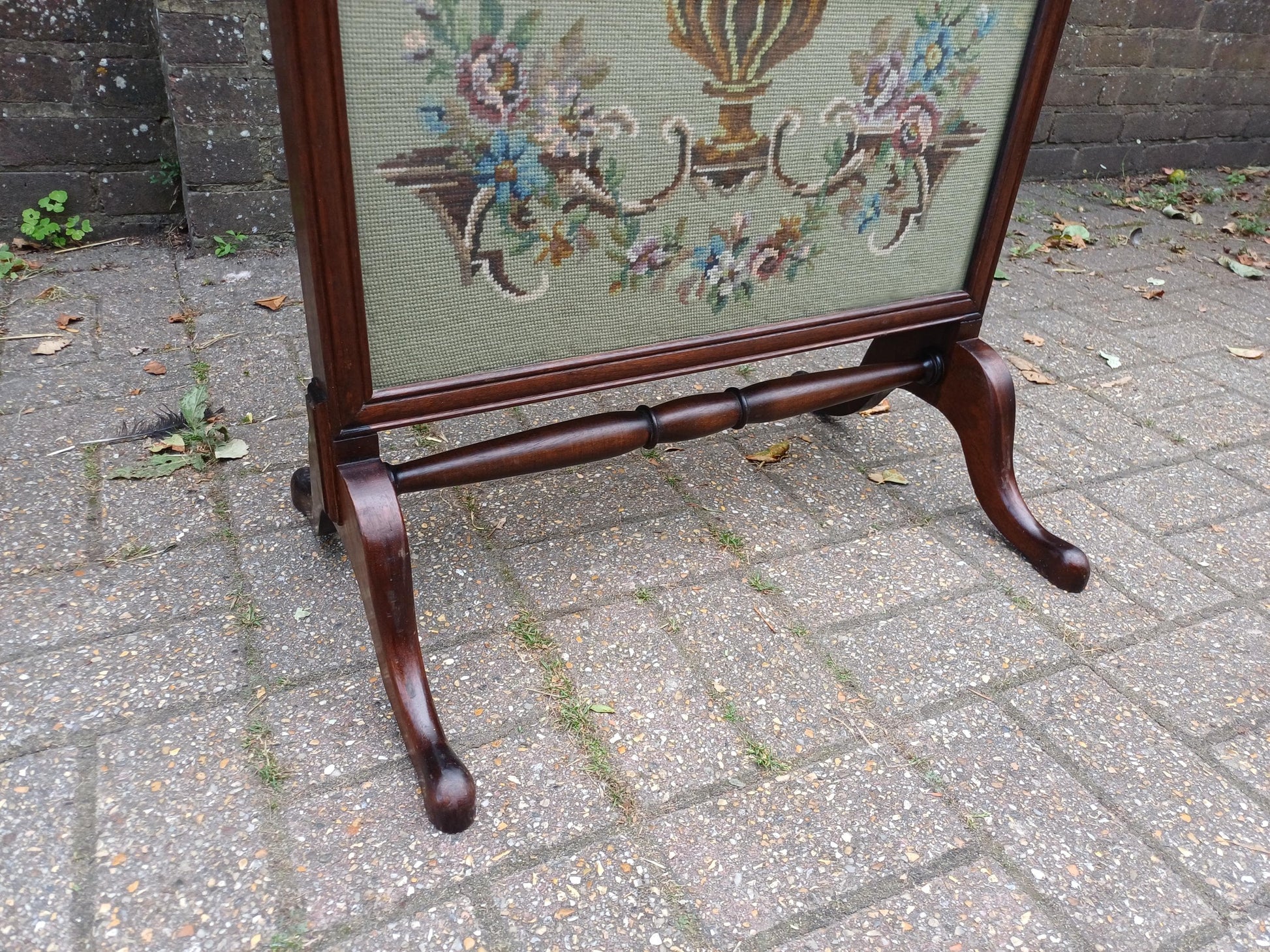 Massive Antique Victorian Mahogany Pole Fire Screen with Floral Needlepoint Panel – Still Life Embroidery Sturdy vgc FREE HAND Delivery