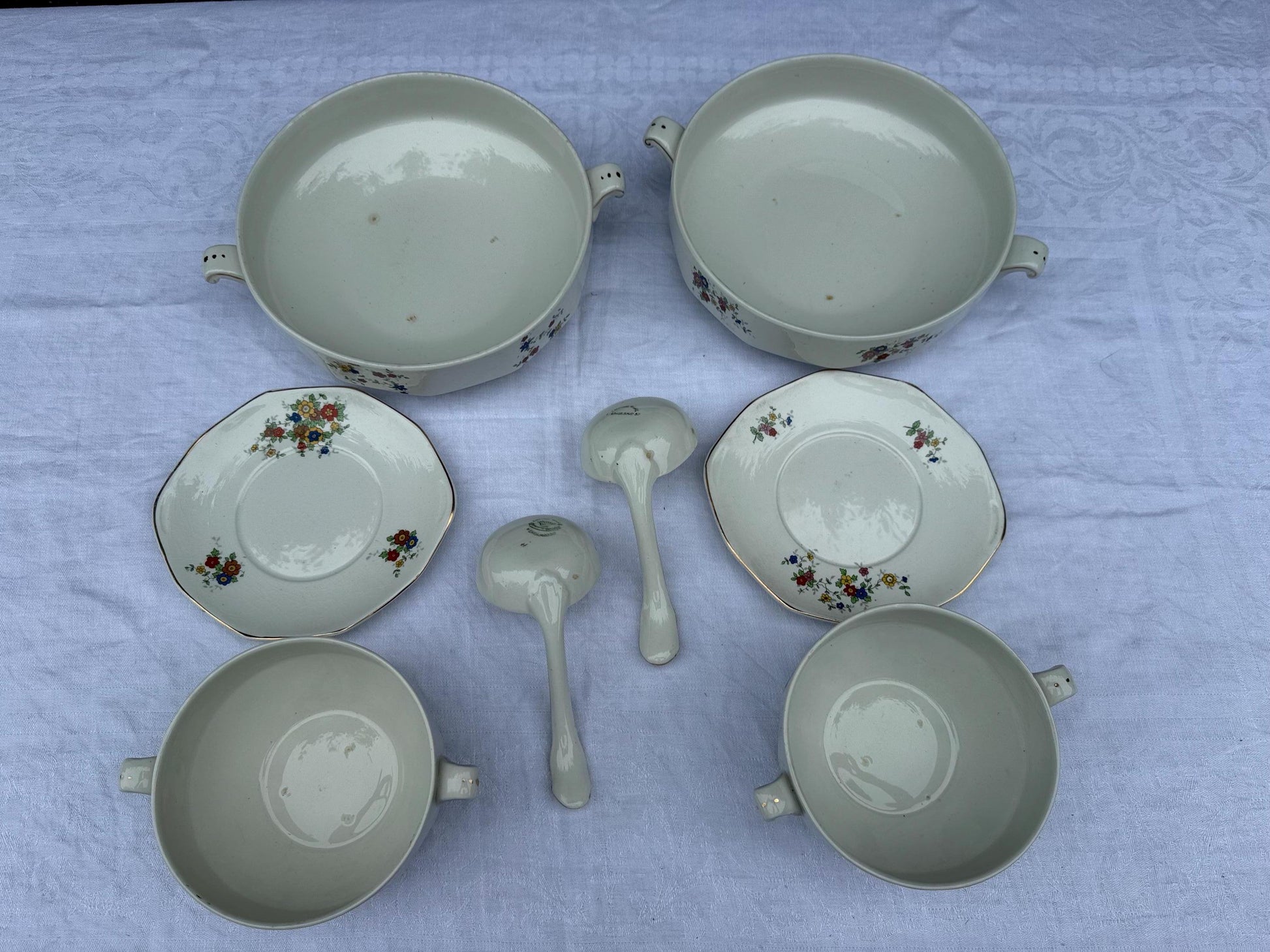 Antique Empire Works England Tureen Set x 4, 1920s Hand Painted Floral Ironstone, Lidded Serving Dishes & Ladles, Vintage Tableware