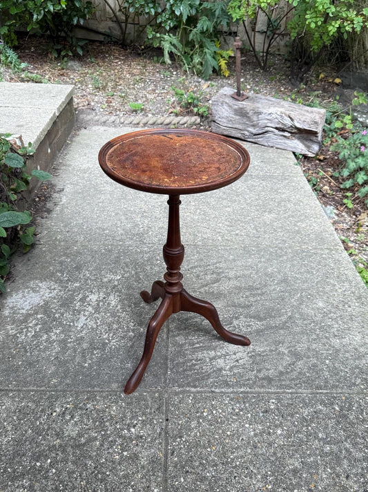Shabby Vintage Wine Table, Round Tripod Side Table with Leather Inlay, Rustic Patina, upcycle project, Country House Style