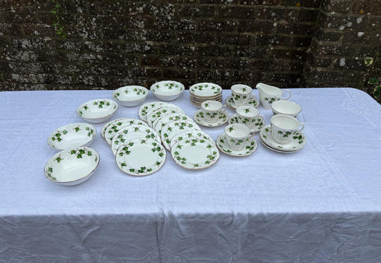 Vintage Colclough Ivy Pattern Bone China Tea Set, English Afternoon Tea Service, Cups Saucers Plates Bowls Jug Sugar Bowl, c.1960s 45 pieces
