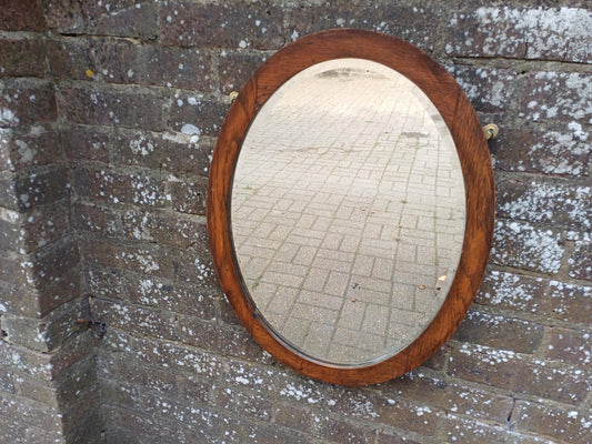 Antique Oak Oval Wall Mirror with Original Bevelled Glass and Patina – Early 20th Century Arts & Crafts Style