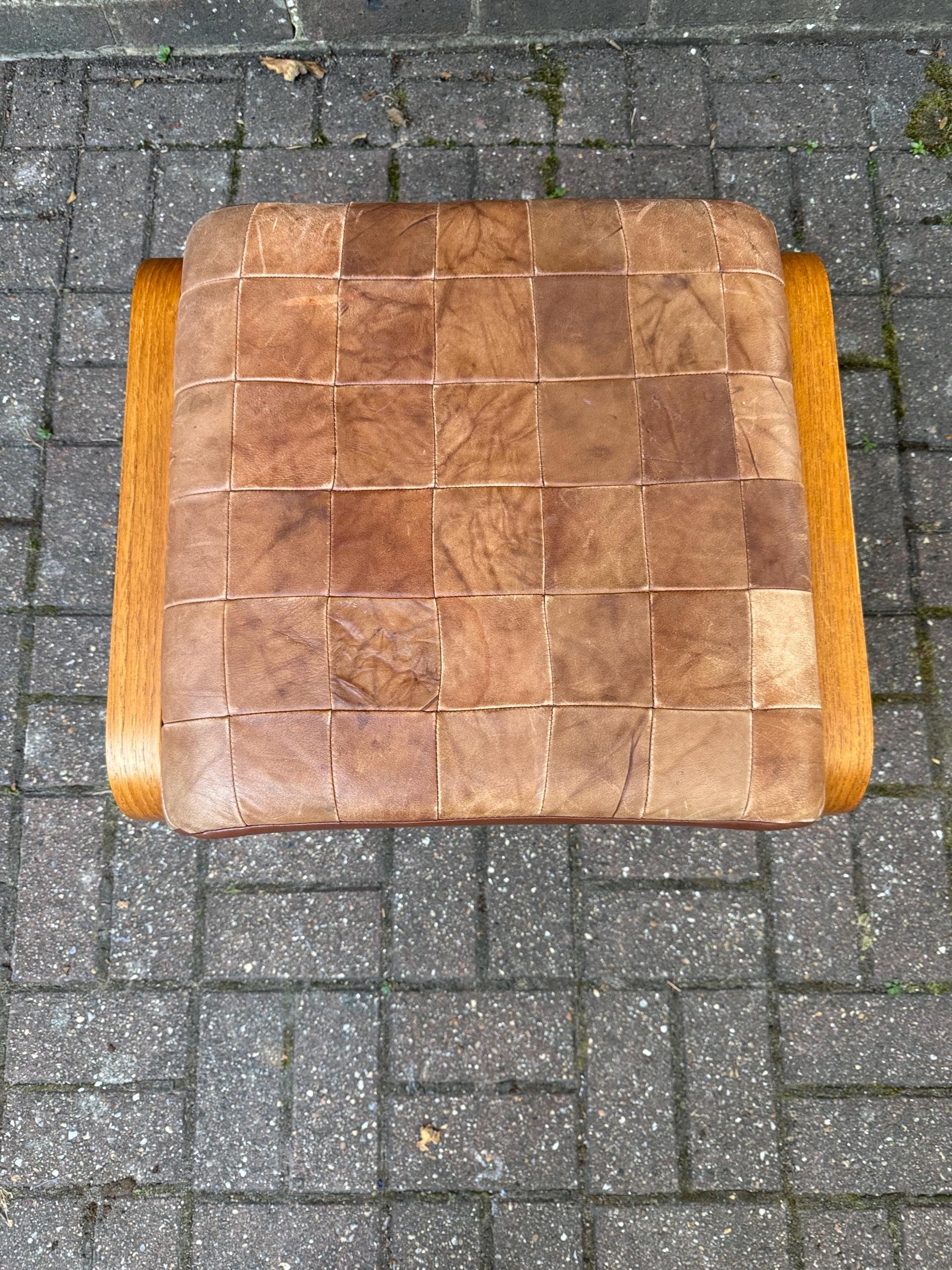 Vintage Retro Wooden and Leather Footstool – Danish Style Patchwork Seat, Retro 1960s 1970s Ottoman, Scandinavian Minimalist Home Decor