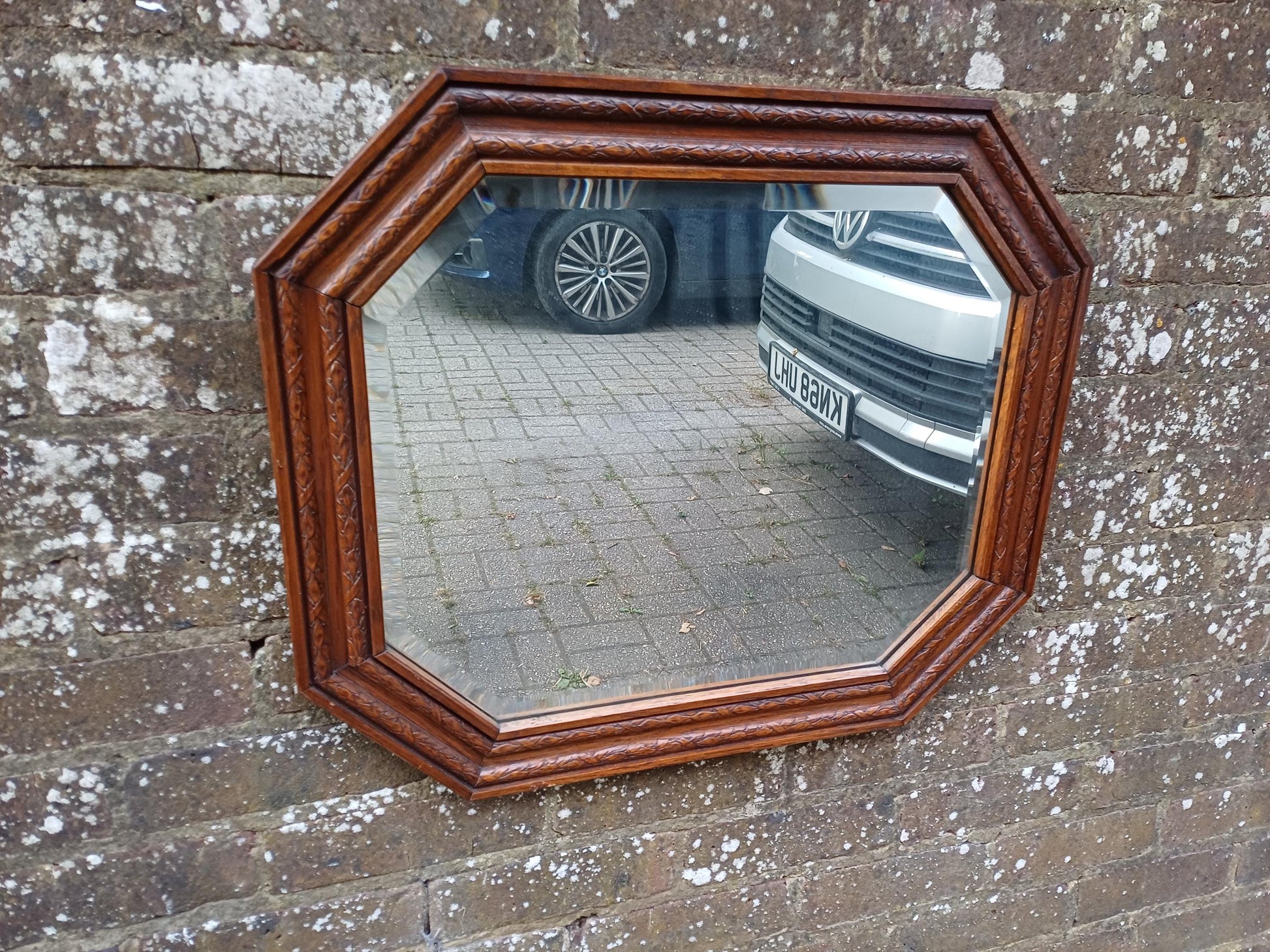 Antique Octagonal Wall Mirror with Oak Carved Wooden Frame and Bevelled Glass – Early 20th Century Vintage Decorative Home Accent