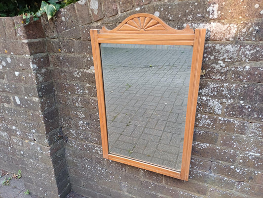 Vintage Satin Wood Stripped Wall Mirror with Carved Sunrise Pediment – Rustic Farmhouse Hallway or Bedroom Decor Quality Bevelled Glass