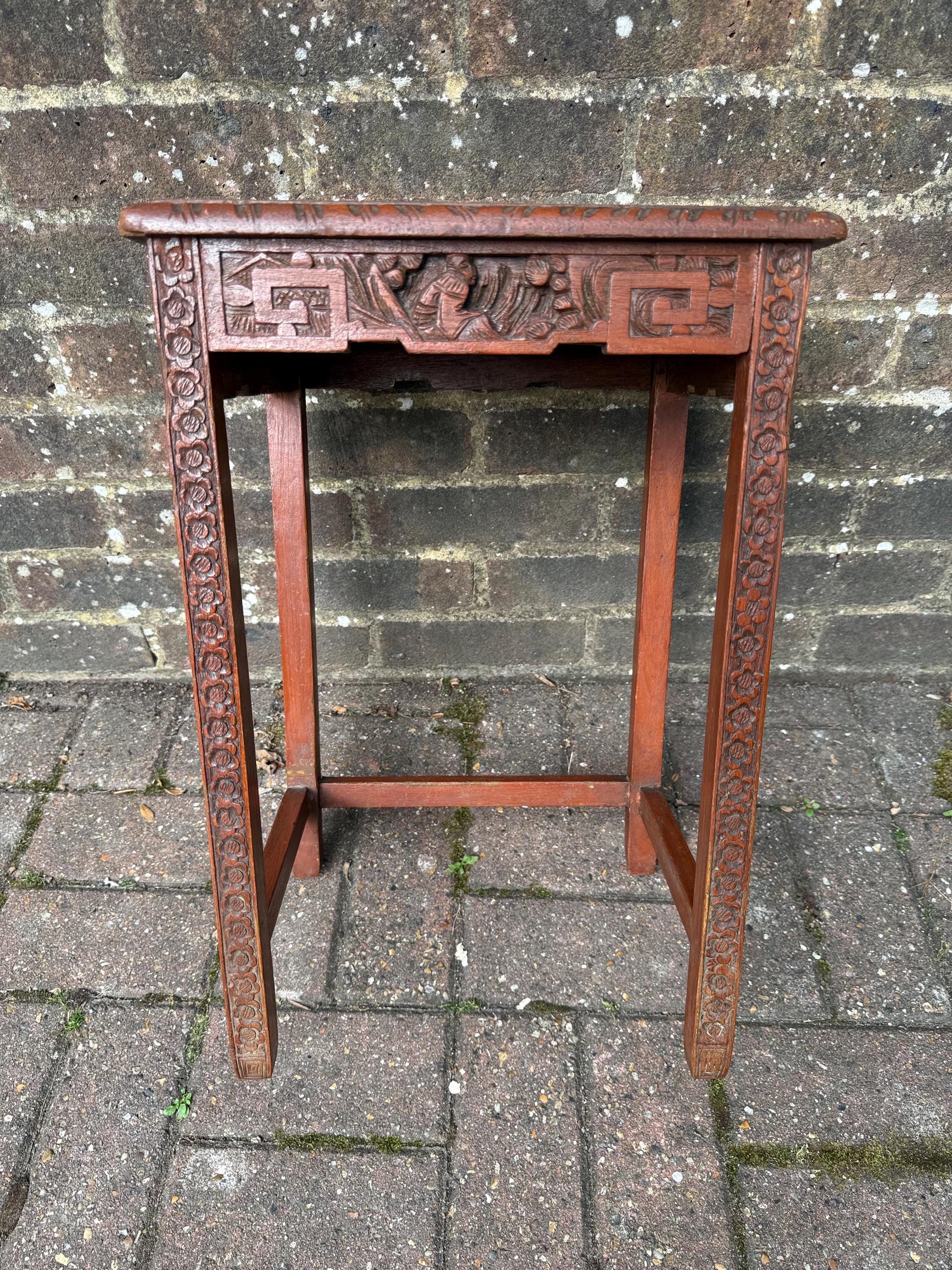 Small Vintage Chinese Carved Hardwood Side Table Plant Stand – Oriental Decorative Furniture with Floral & Geometric Detailing, plant table