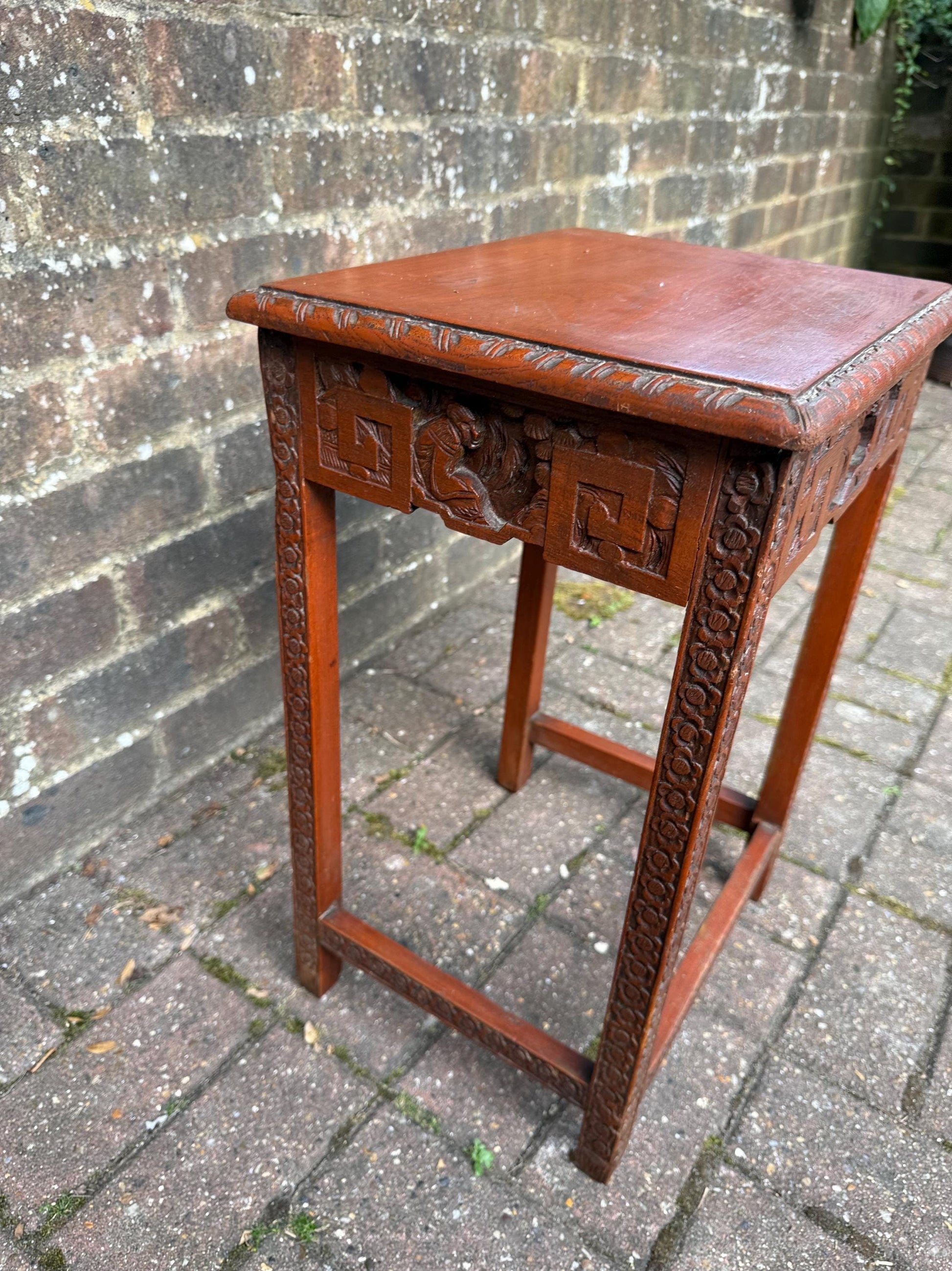 Small Vintage Chinese Carved Hardwood Side Table Plant Stand – Oriental Decorative Furniture with Floral & Geometric Detailing, plant table