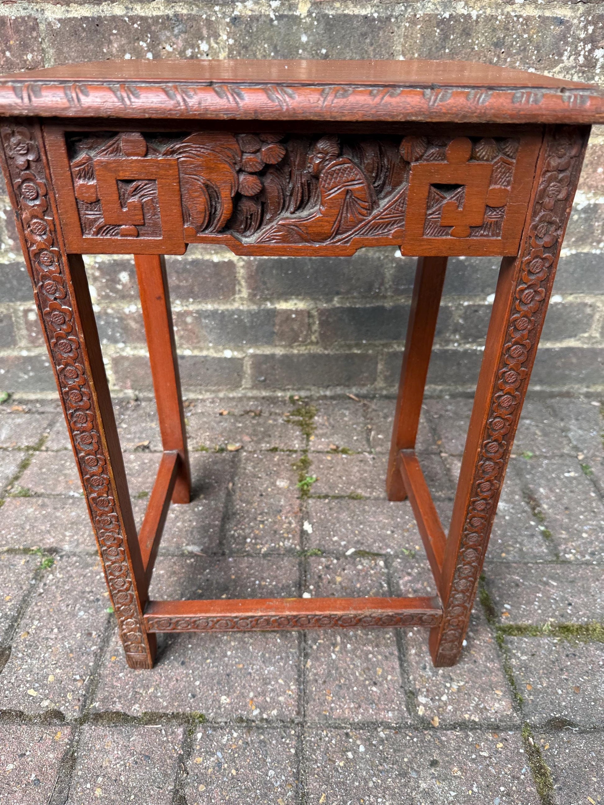 Small Vintage Chinese Carved Hardwood Side Table Plant Stand – Oriental Decorative Furniture with Floral & Geometric Detailing, plant table