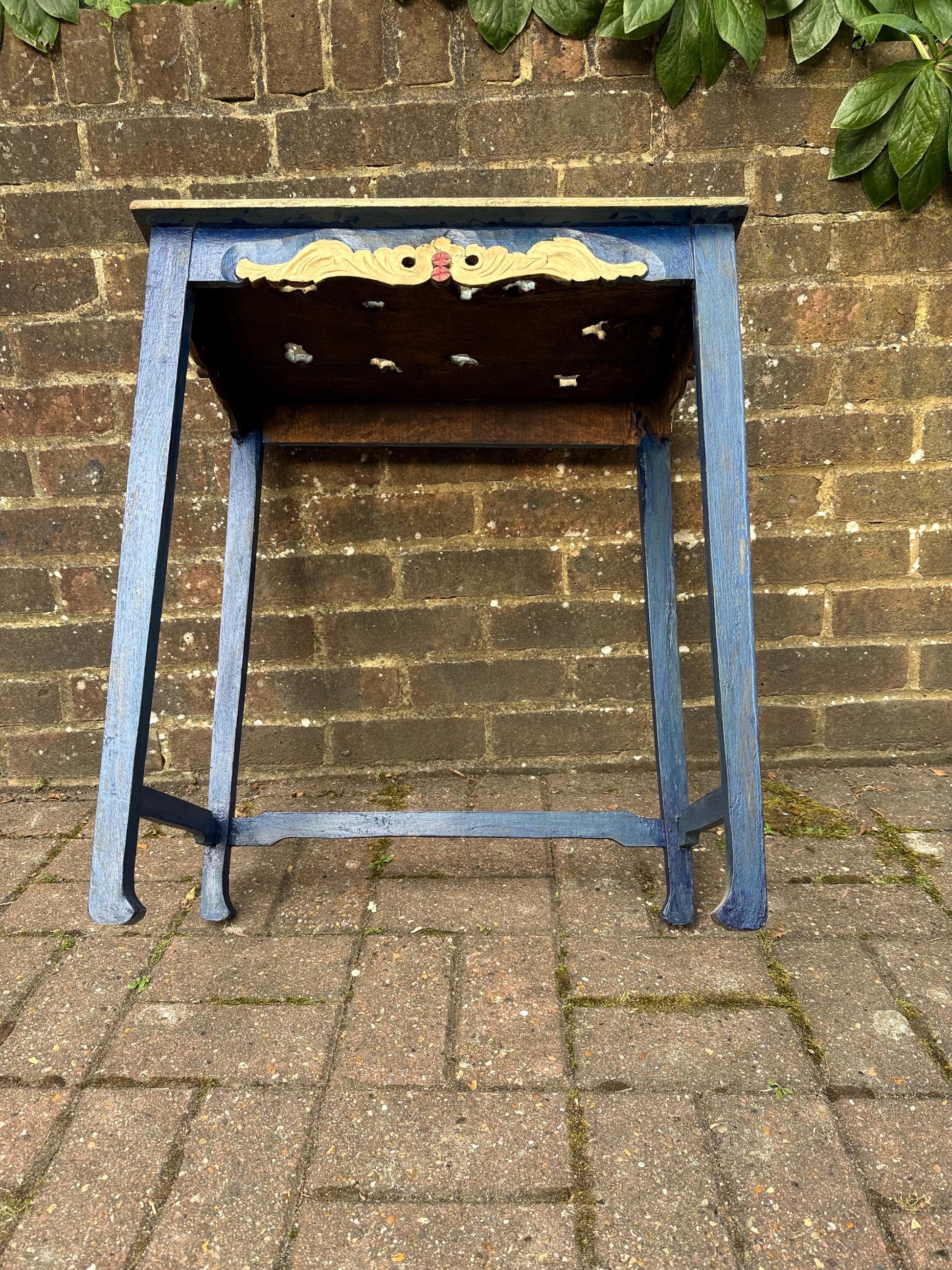 Vintage Hand-Painted Wooden Side Table – Oriental Far Eastern Origins, Carved Top, Rustic, Boho Chic, Shabby Chic, Decorative Accent