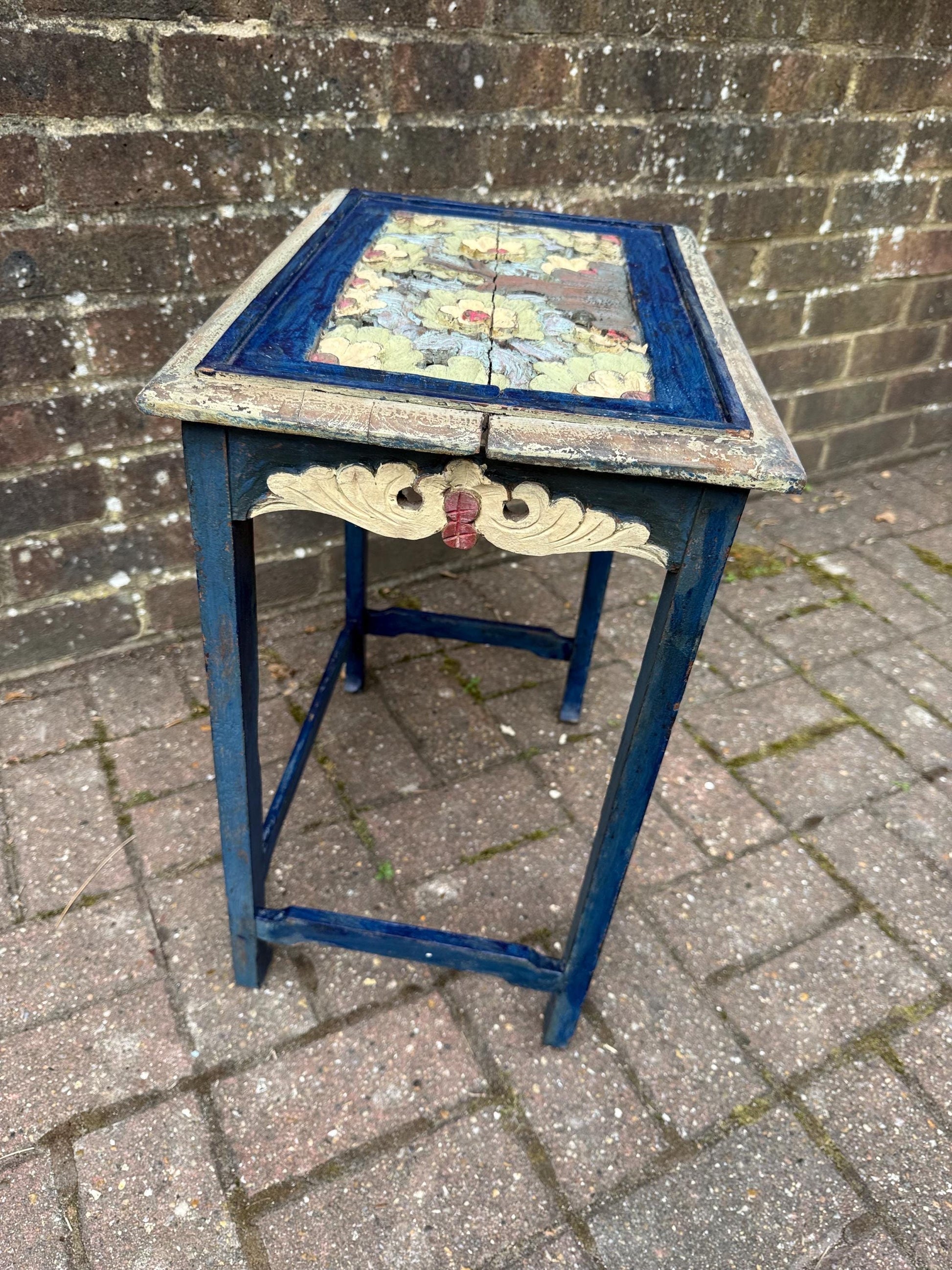 Small Vintage Hand-Painted Wooden Side Table – Oriental Far Eastern Origins, Carved Top, Rustic, Boho Chic, Shabby Chic, Decorative Accent