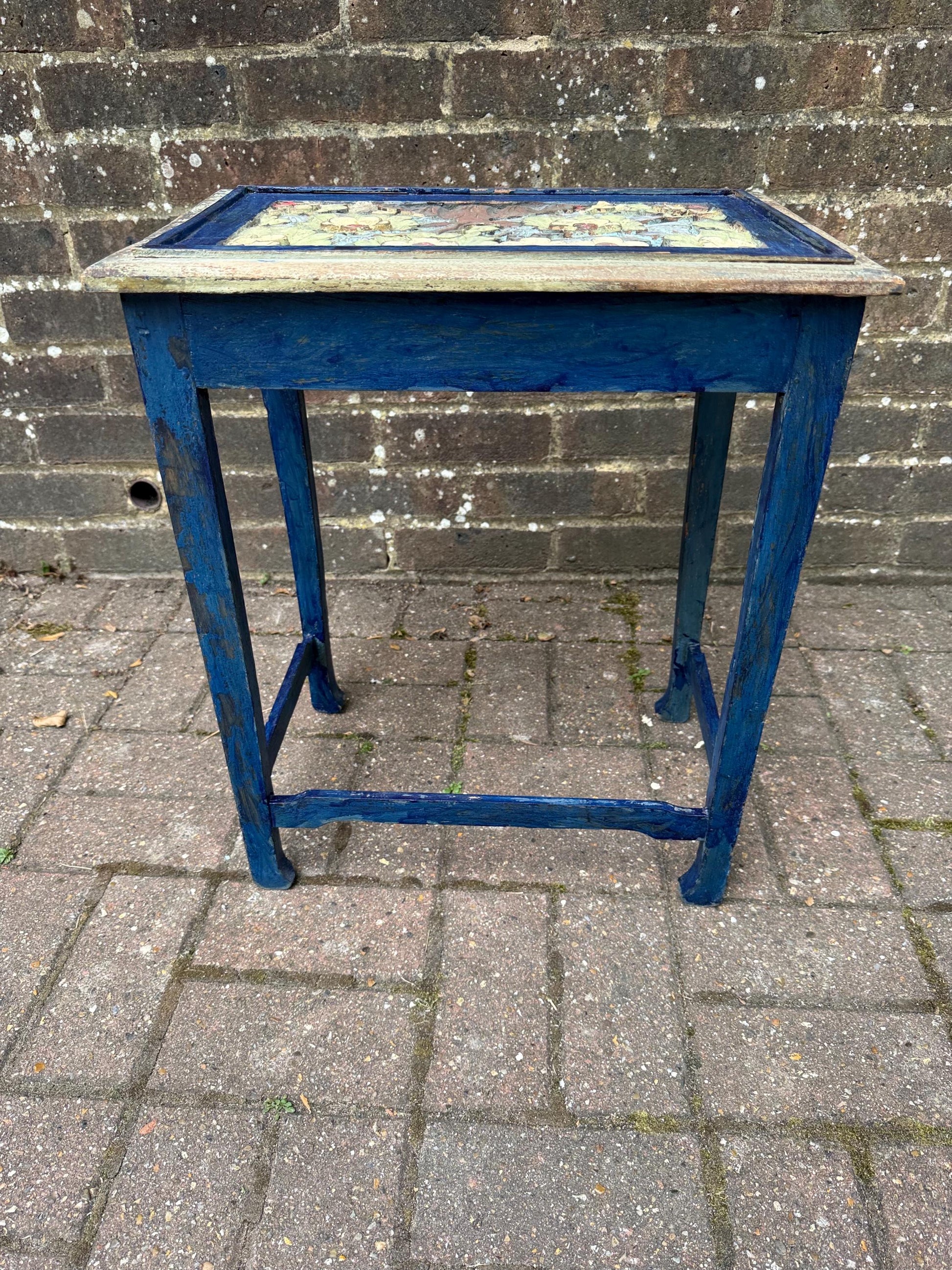 Small Vintage Hand-Painted Wooden Side Table – Oriental Far Eastern Origins, Carved Top, Rustic, Boho Chic, Shabby Chic, Decorative Accent