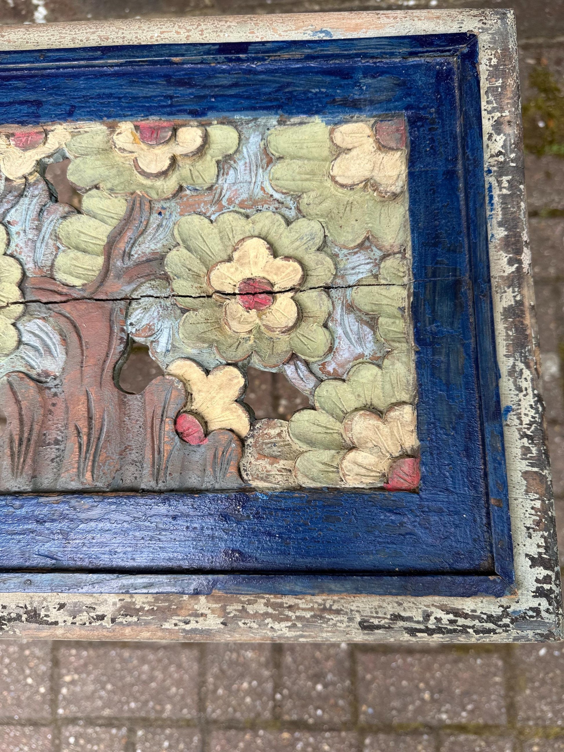 Small Vintage Hand-Painted Wooden Side Table – Oriental Far Eastern Origins, Carved Top, Rustic, Boho Chic, Shabby Chic, Decorative Accent