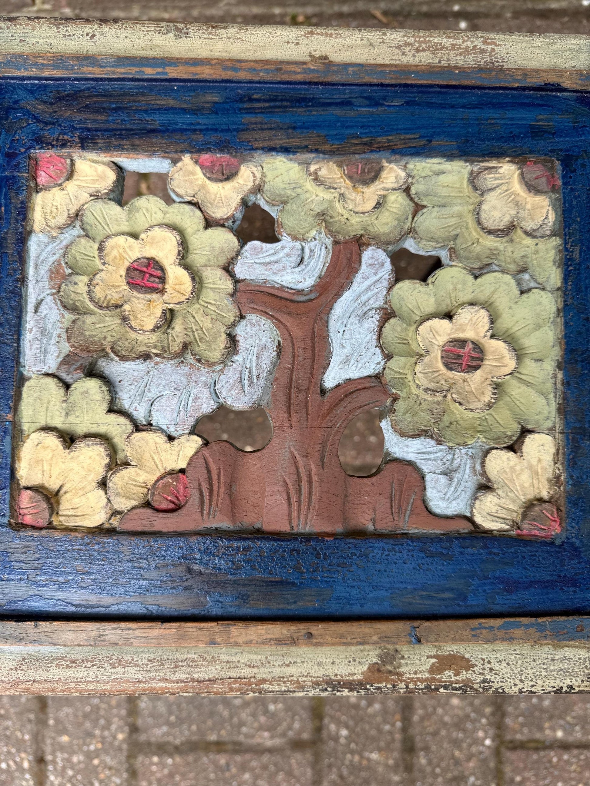 3 Vintage Hand-Painted Wooden Side Table – Oriental Far Eastern Origins, Carved Top, Rustic, Boho Chic, Shabby Chic, Decorative Accent