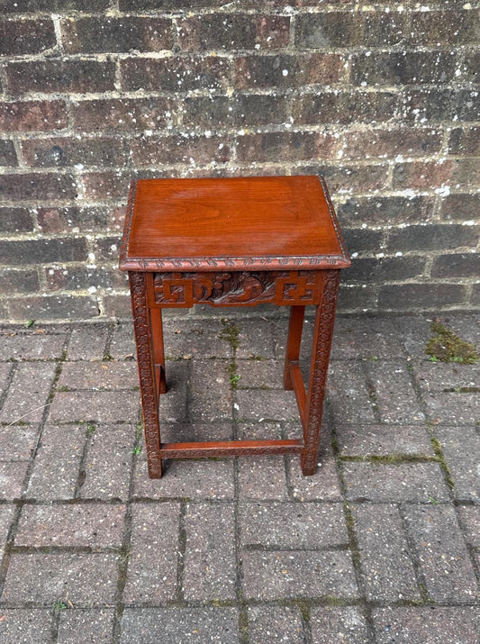 Small Vintage Chinese Carved Hardwood Side Table Plant Stand – Oriental Decorative Furniture with Floral & Geometric Detailing, plant table