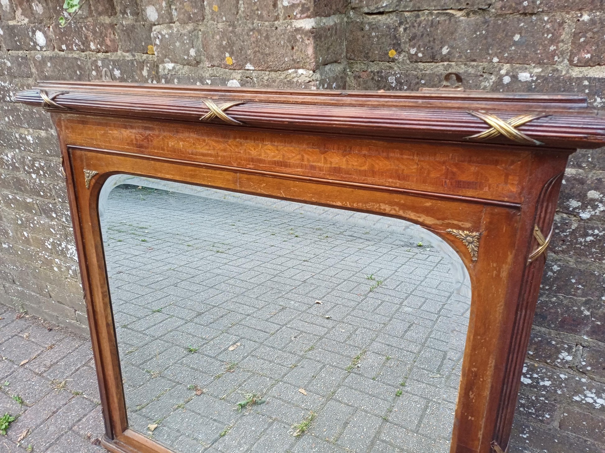 Massive Antique Edwardian Over Mantel Mirror with Marquetry Inlay Reeded Frame & Gilt Detail Early 1900s Fireplace Mirror FREE HAND Delivery