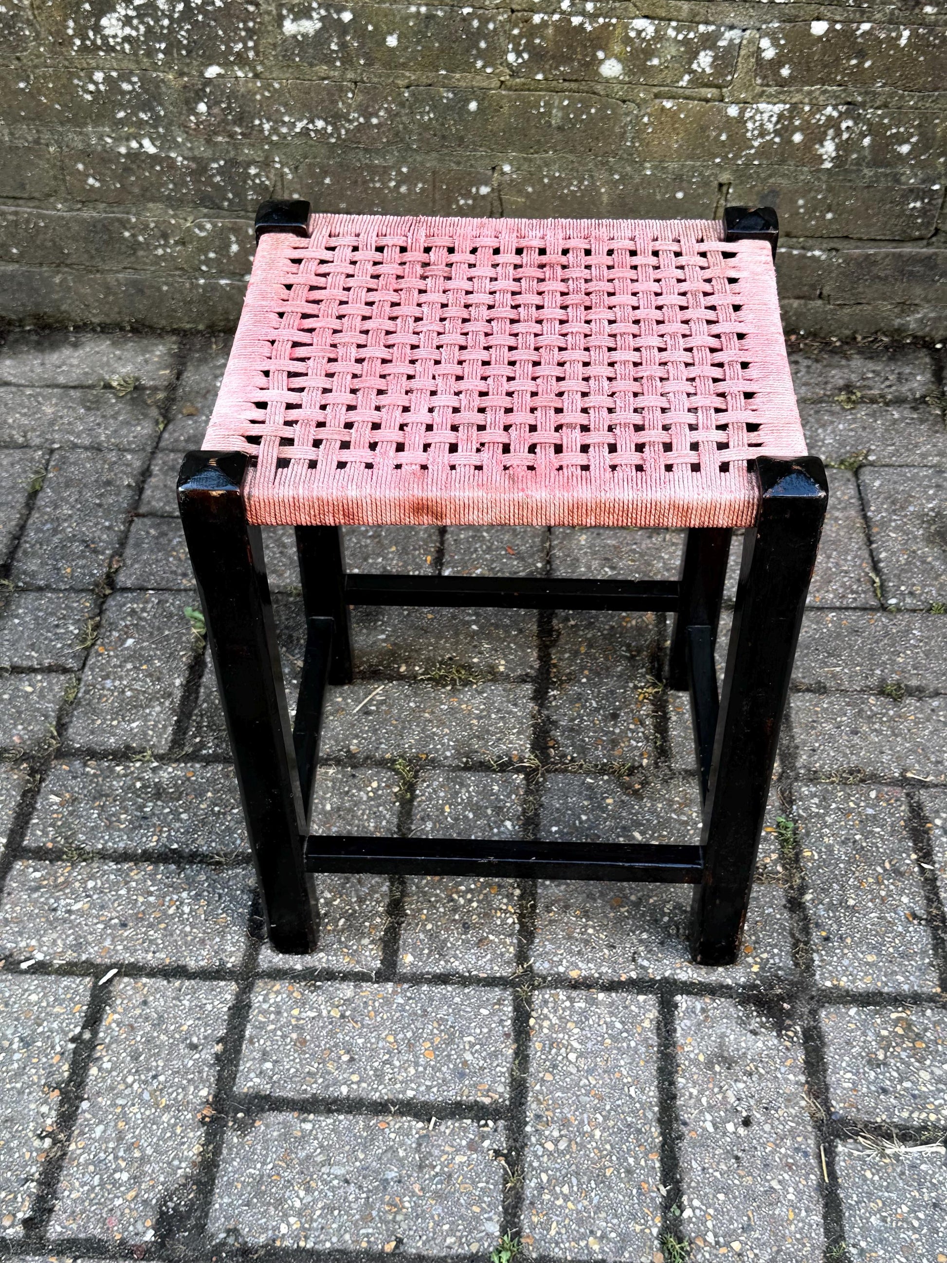 Pair of Vintage Mid Century Woven Stool – Black Wood Frame with Pink Cord Seat – Retro Side Table, Plant Stand, Boho Decor