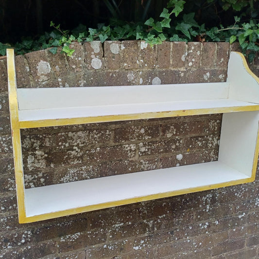Hand Painted Wooden Vintage Wall Shelf Farrow & Ball Wimborne White with Gold Trim Shabby Chic Bookshelf Wall Mounted Open Storage Display