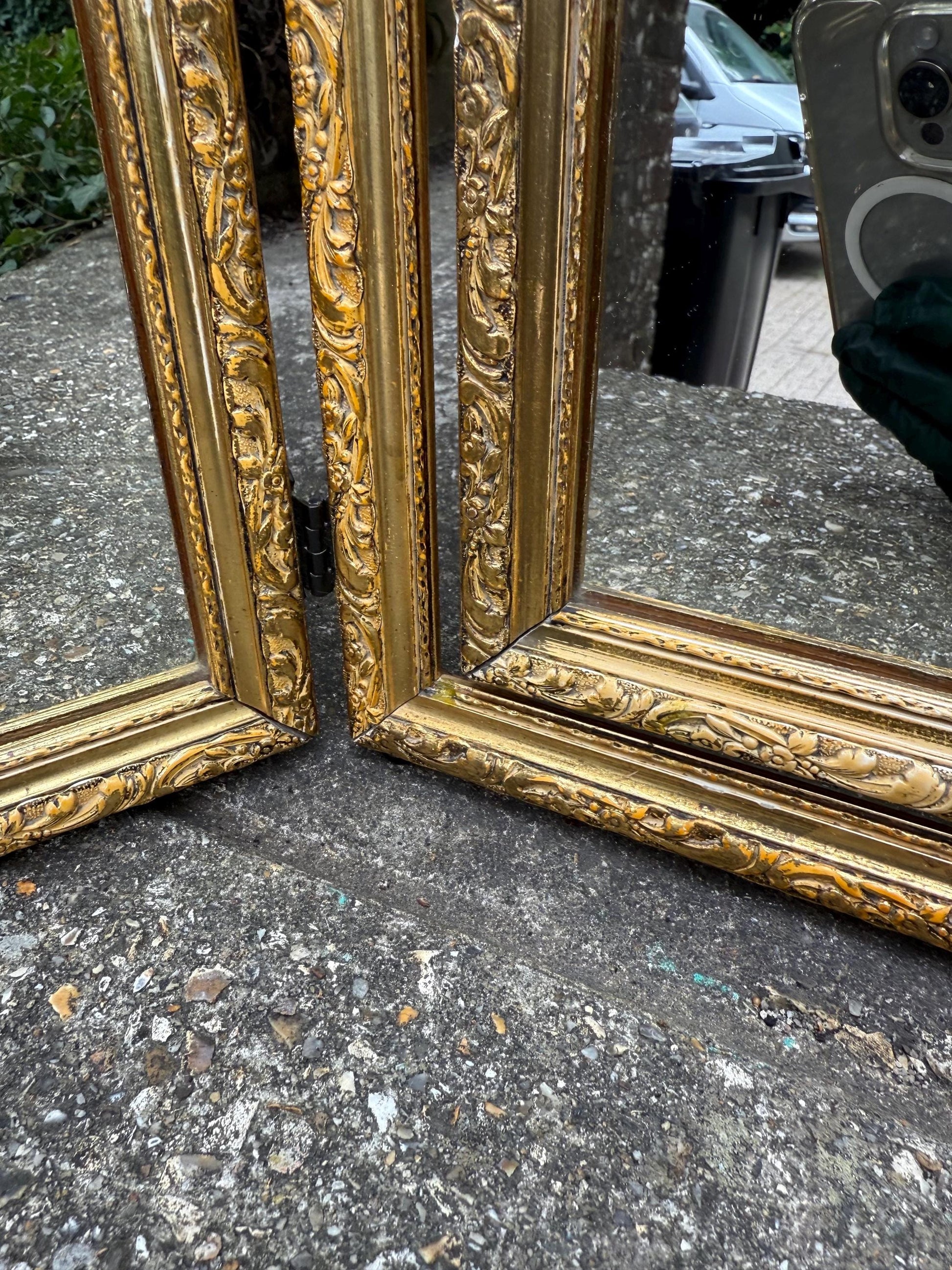 Vintage gilt triple folding mirror, ornate rococo style dressing table vanity mirror, gold framed trifold wall decor, retro mirror