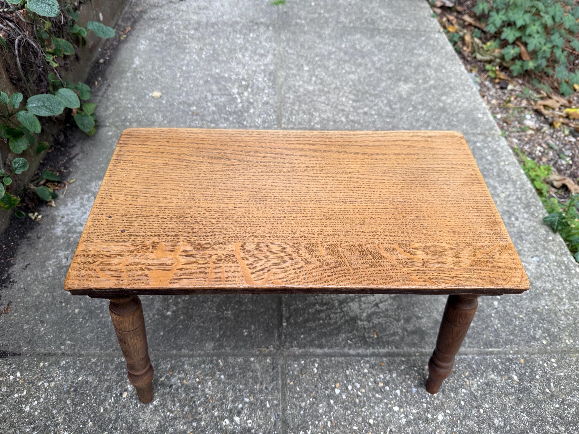 Mid-century vintage solid oak table, traditional style with turned legs, sanded top, farmhouse cottage occasional side table, small table