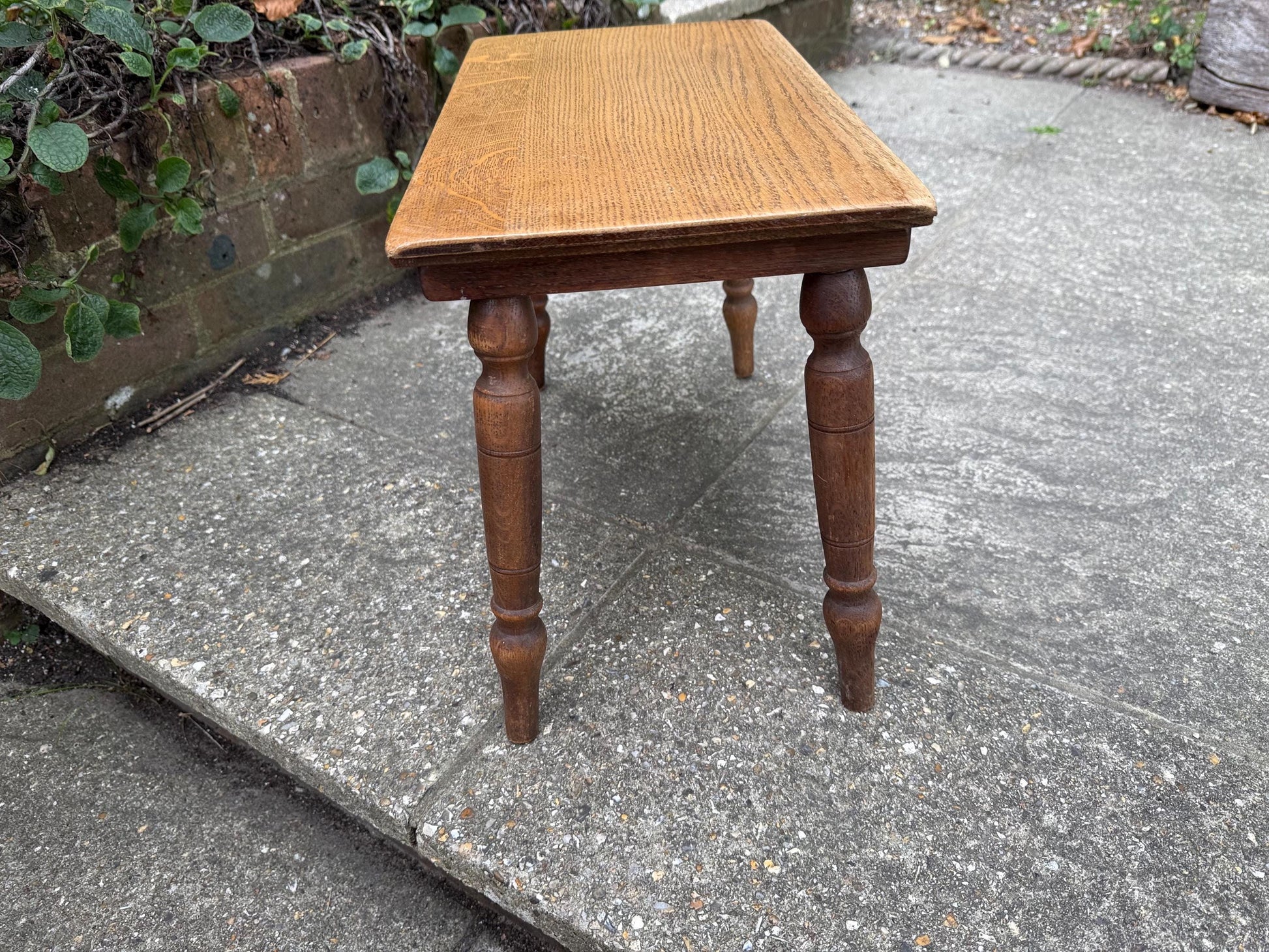 Mid-century vintage solid oak table, traditional style with turned legs, sanded top, farmhouse cottage occasional side table, small table