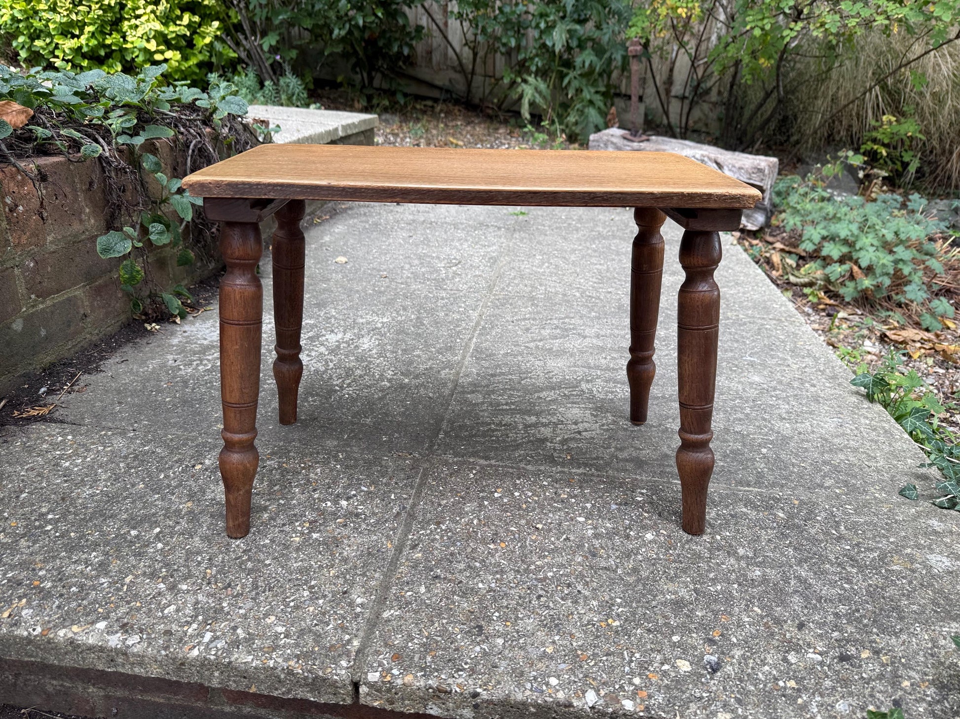 Mid-century vintage solid oak table, traditional style with turned legs, sanded top, farmhouse cottage occasional side table, small table