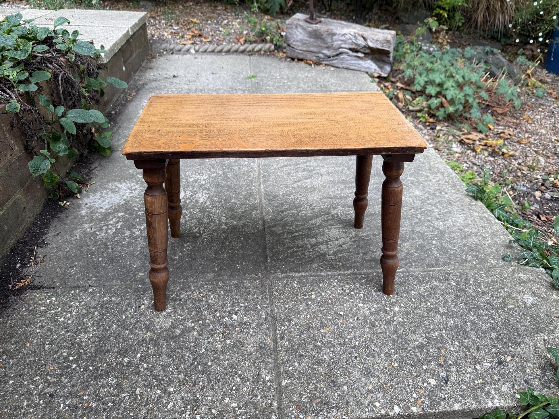 Mid-century vintage solid oak table, traditional style with turned legs, sanded top, farmhouse cottage occasional side table, small table